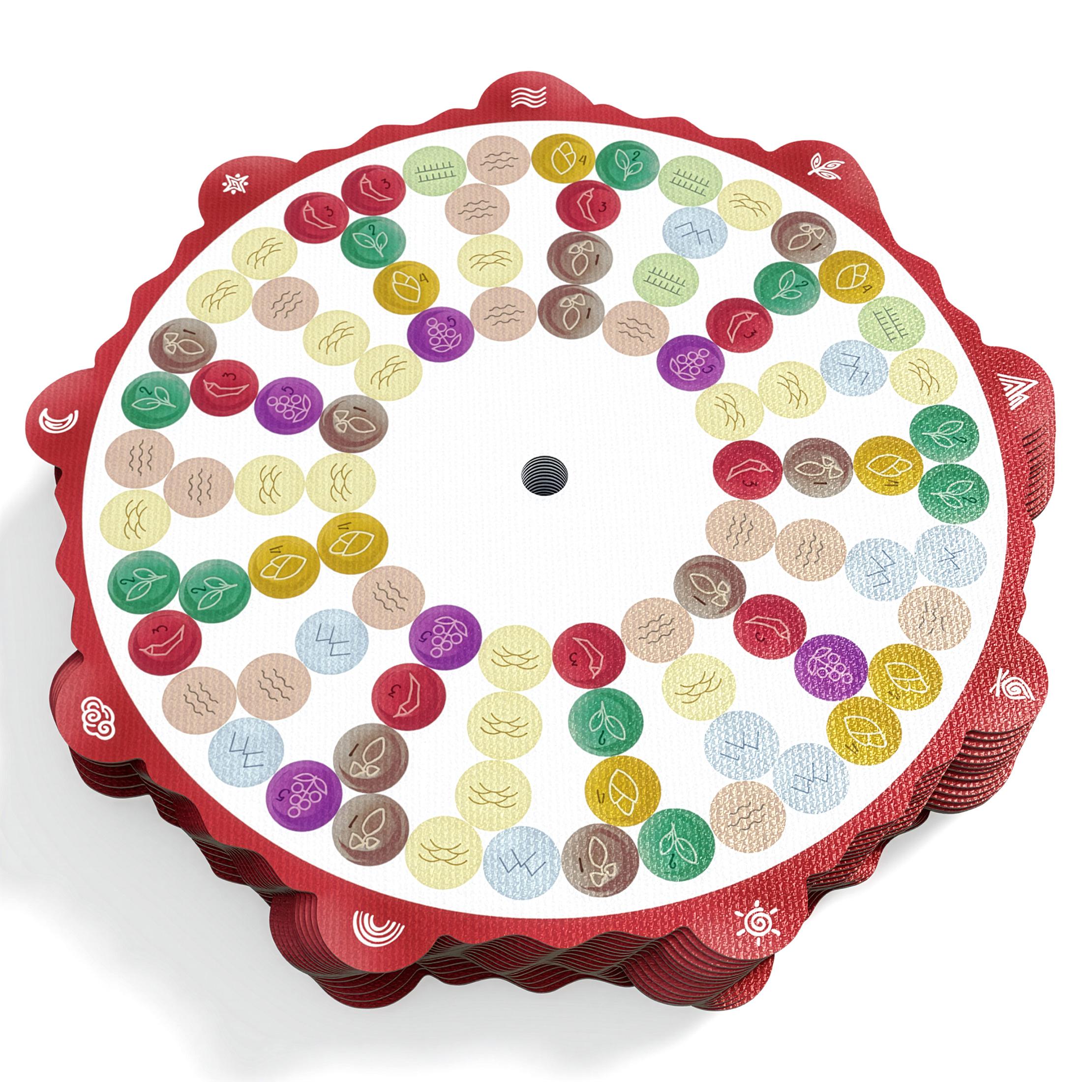 Stack of Tiwanaku scenario discs showing colored symbols and numbers used to define the hidden setup for each game.