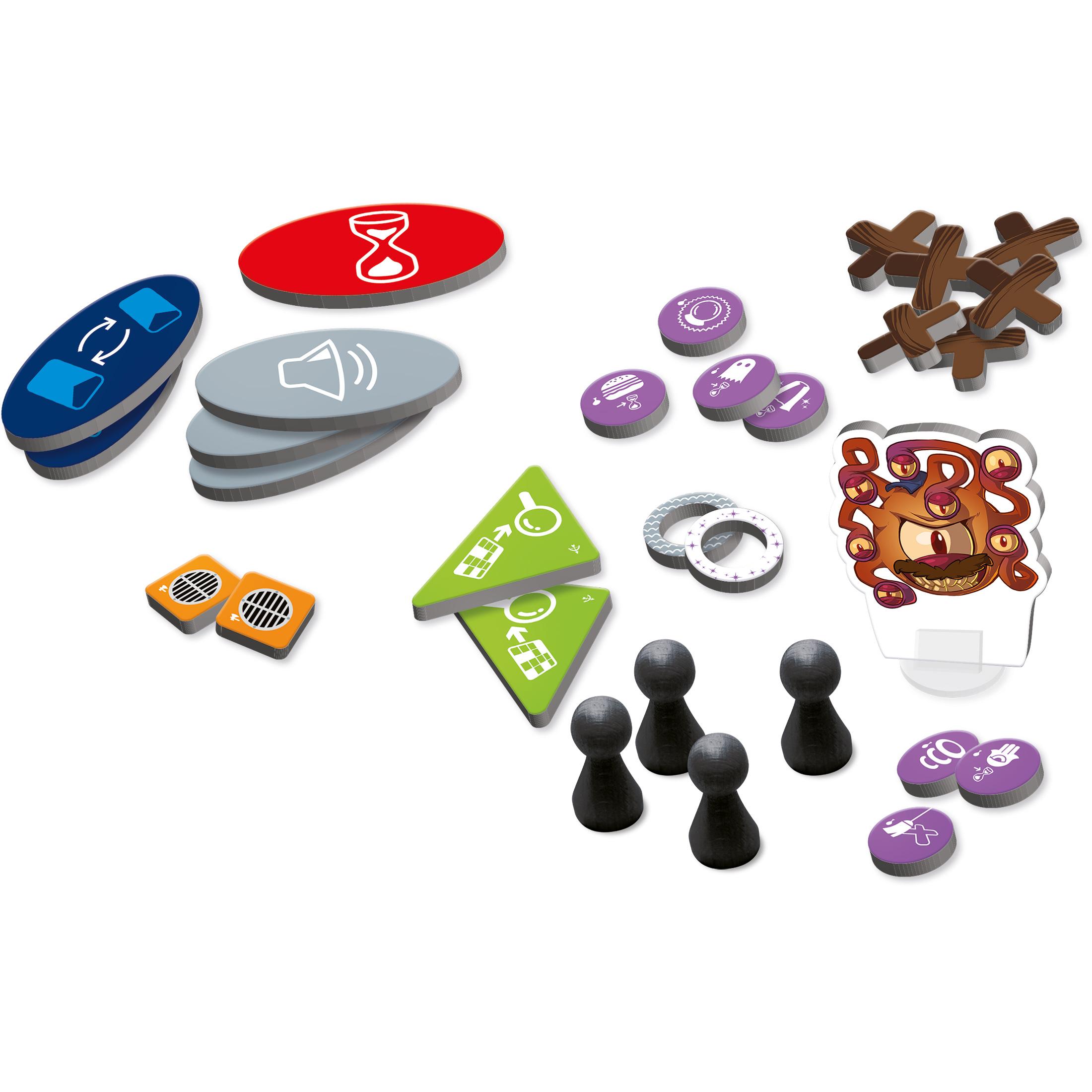 Game components from the Magic Maze Maximum Security expansion, including tokens, guards, tiles, pawns, and the Beholder standee.