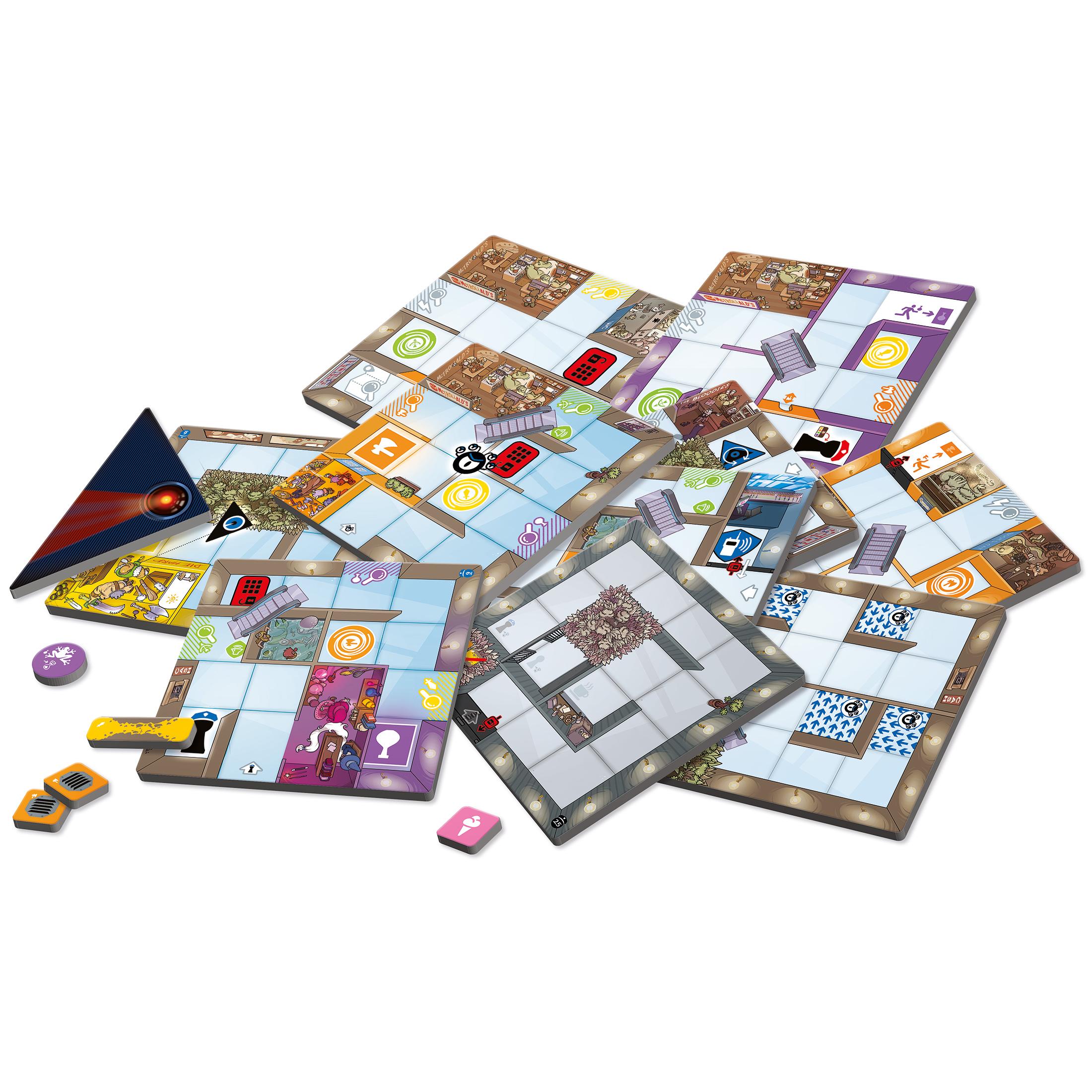 Modular mall tiles from Magic Maze Maximum Security arranged to show different security systems and paths.