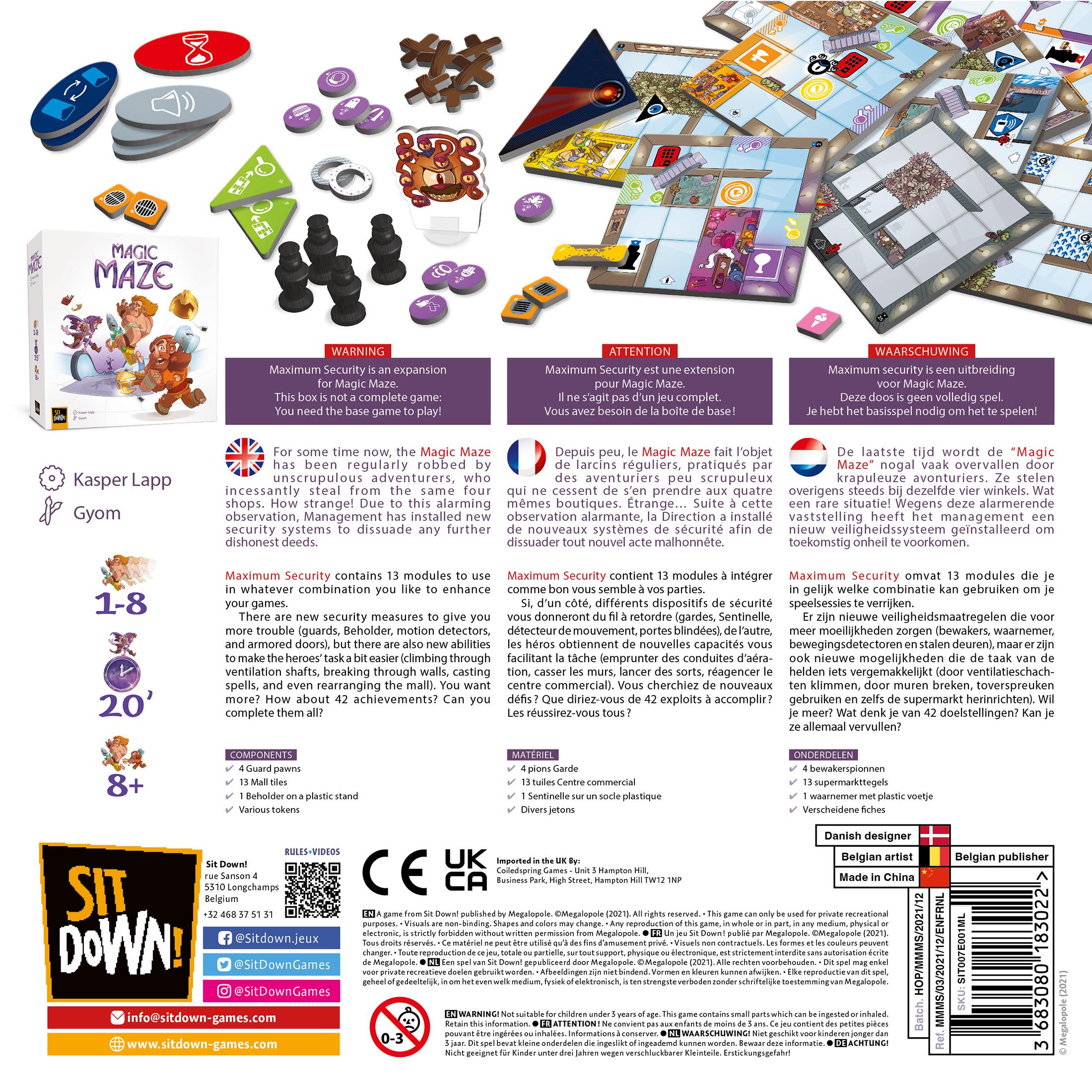 Back of the Magic Maze Maximum Security box showing components, rules summary, and product information.