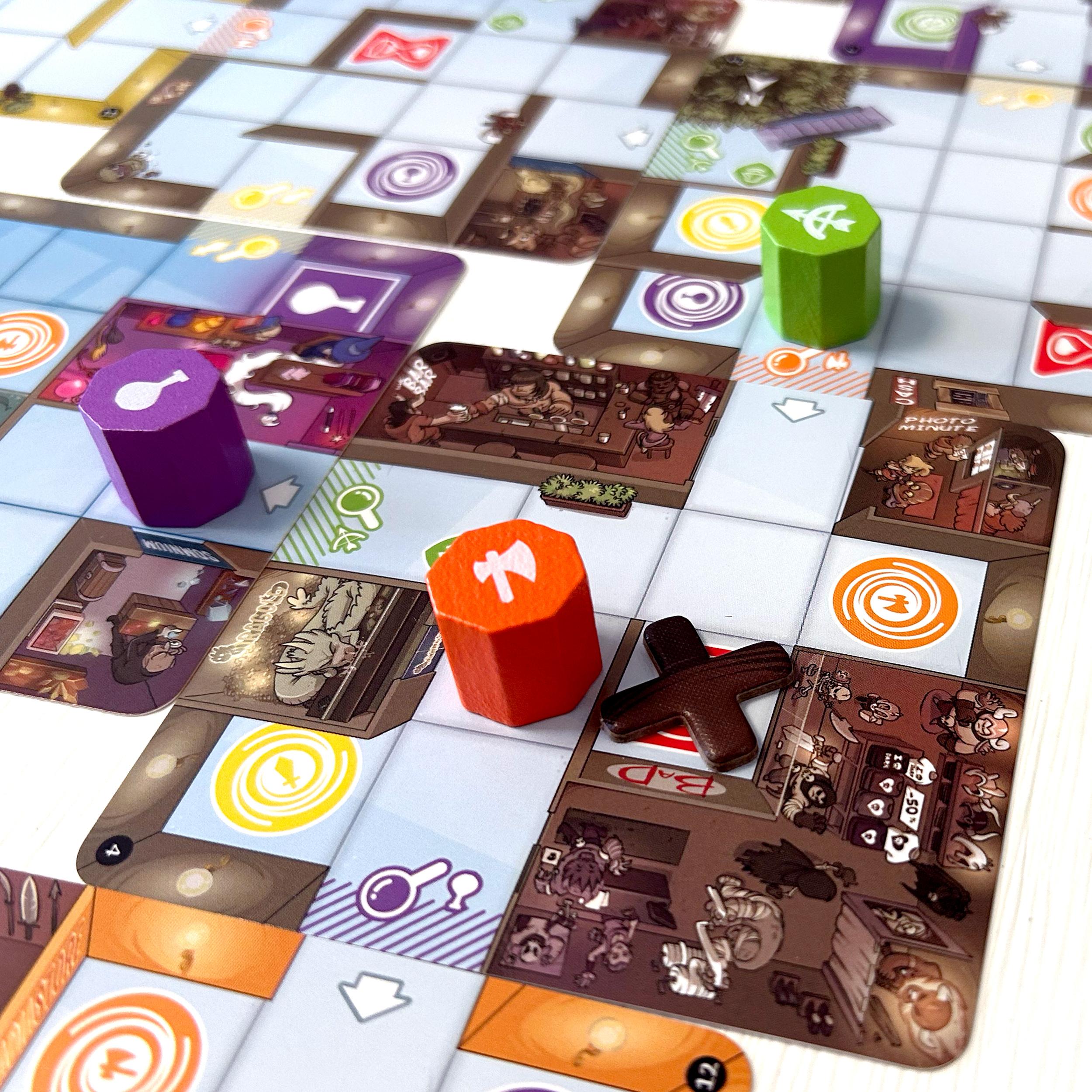 Magic Maze board showing heroes on different spaces, including an Out of Order token and several action icons during play.