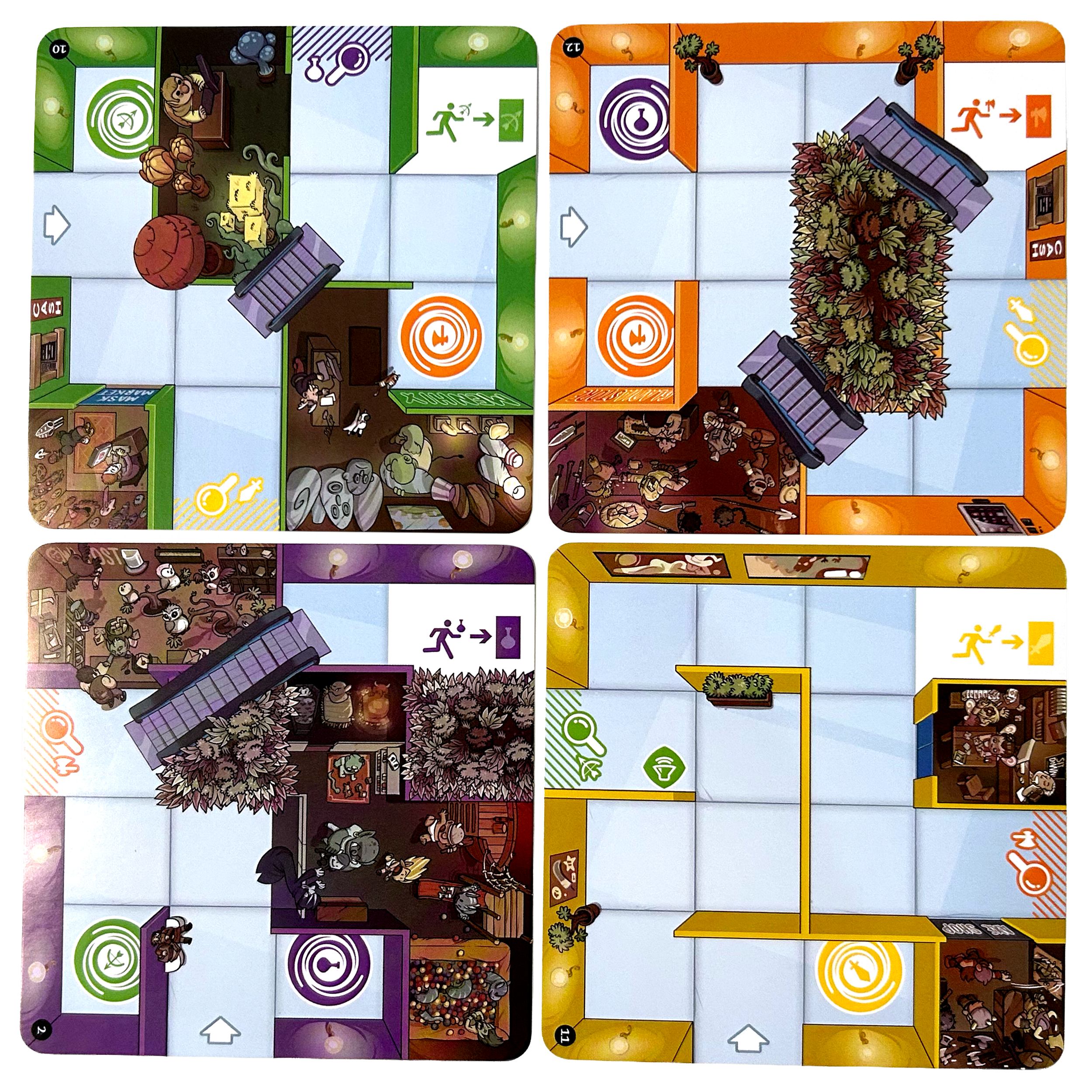 Four Magic Maze mall tiles showing corridors, escalators, exploration spaces, and item or exit areas for different heroes.