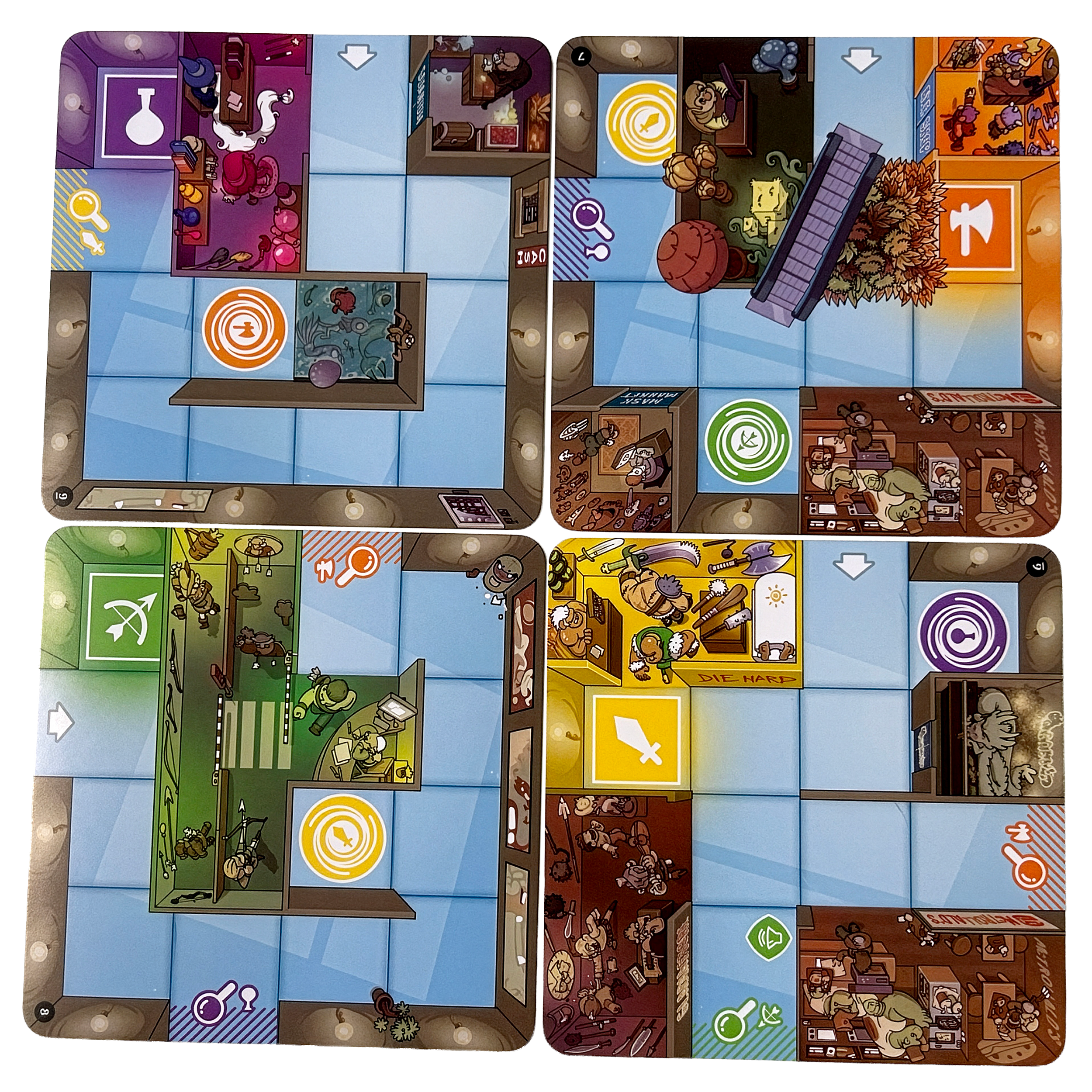 Four Magic Maze mall tiles showing corridors, walls, escalators, and colored item or exit spaces for different heroes.