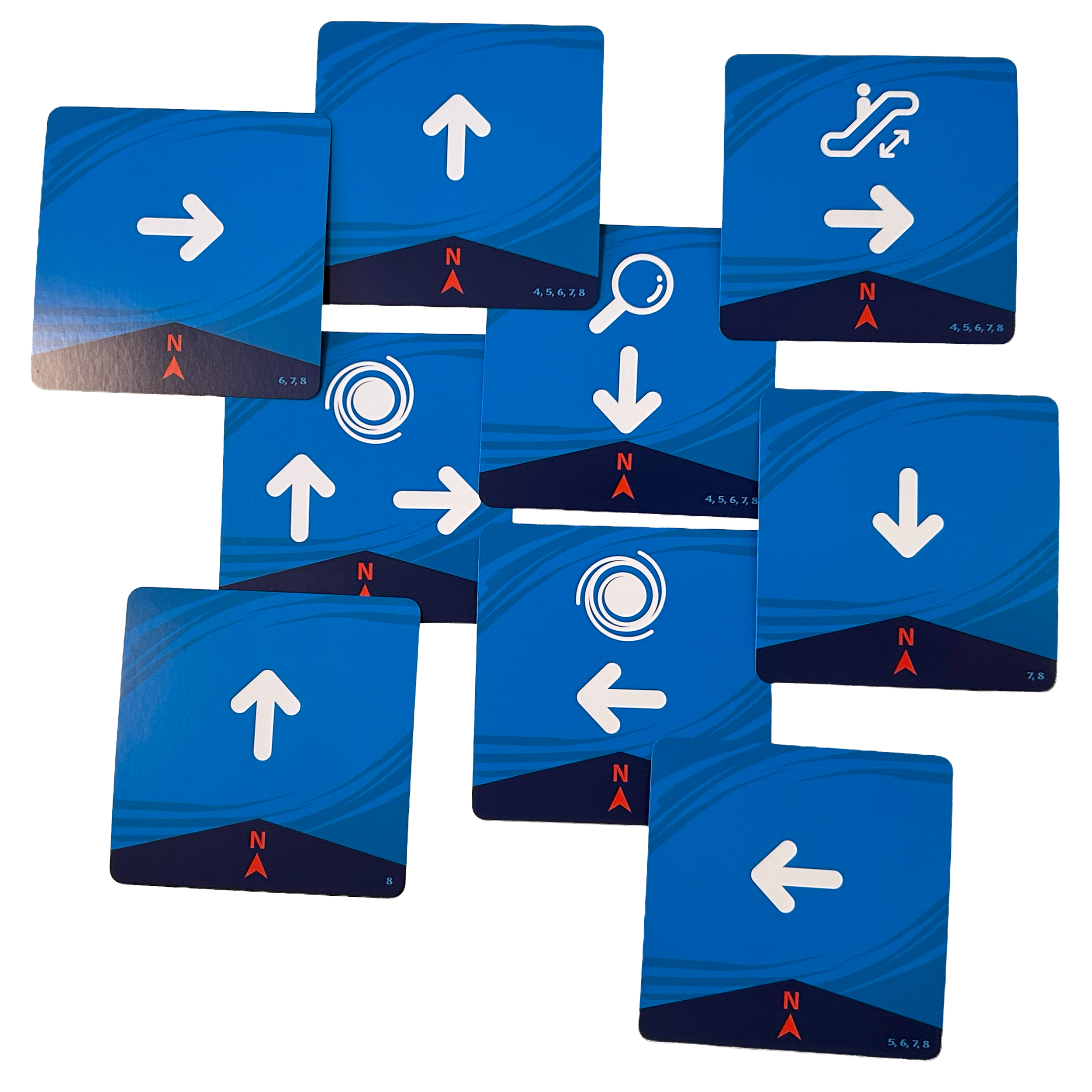 Magic Maze action cards showing movement arrows, exploration, and special actions with a shared north orientation.