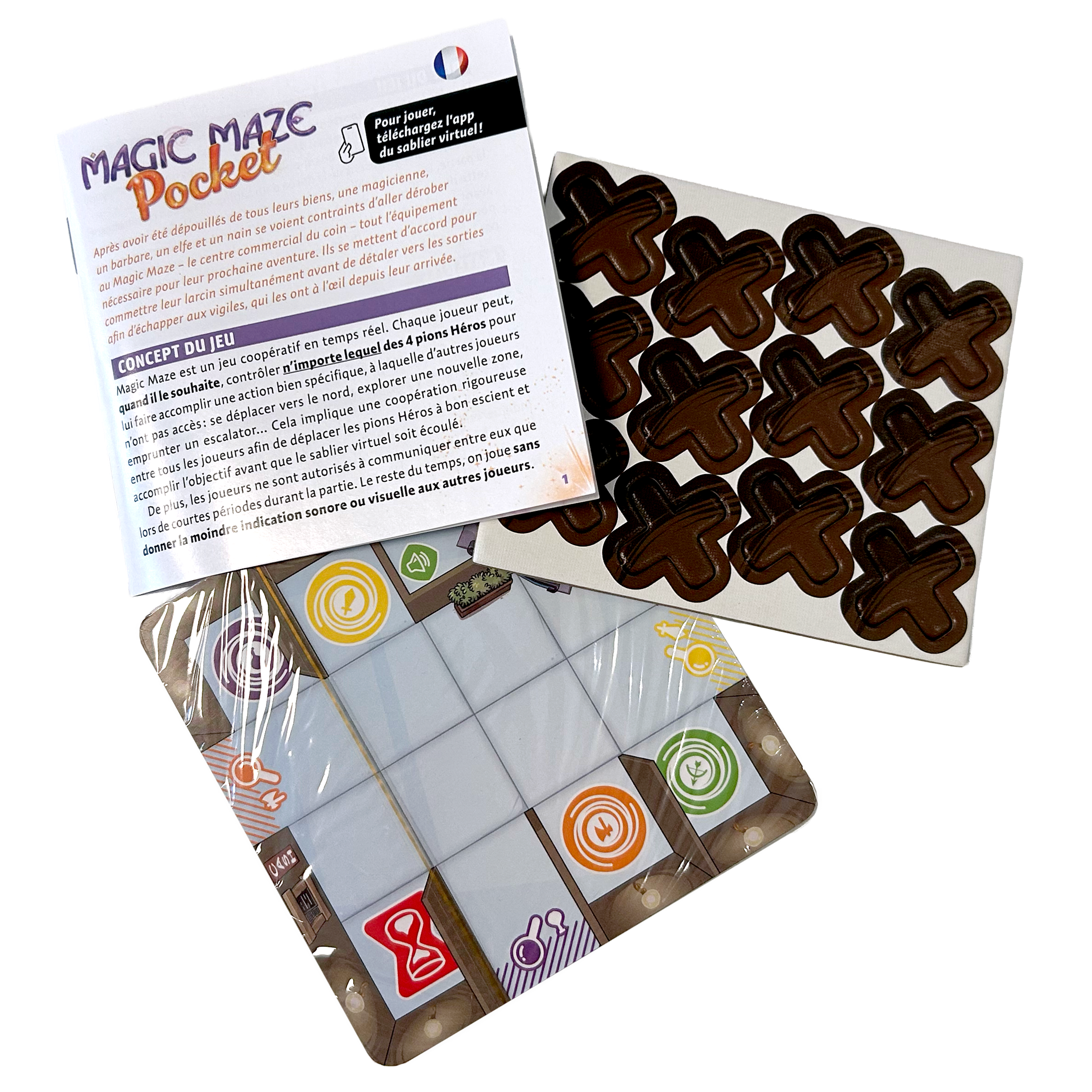 Magic Maze Pocket components showing the rule leaflet, Out of Order tokens, and a sealed stack of mall tiles.