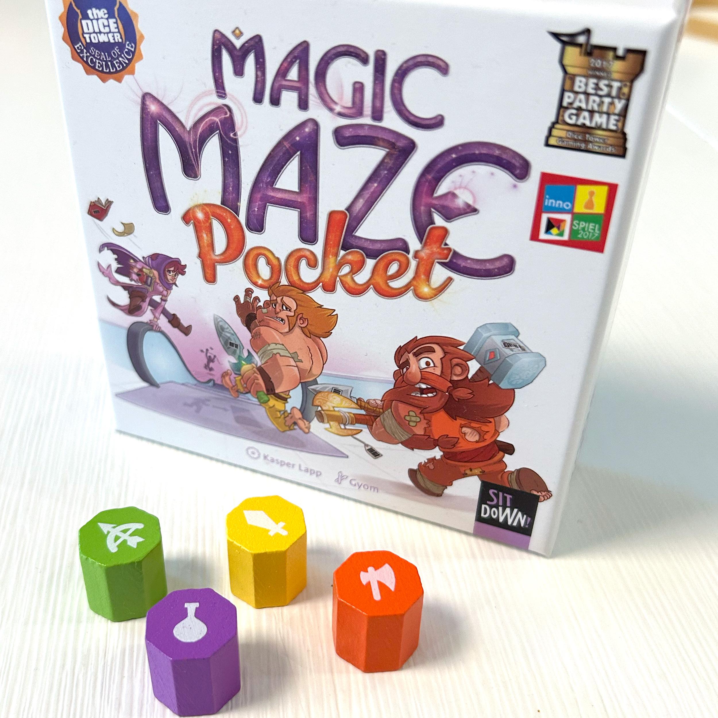 Magic Maze Pocket components showing the rule leaflet, Out of Order tokens, and a sealed stack of mall tiles.