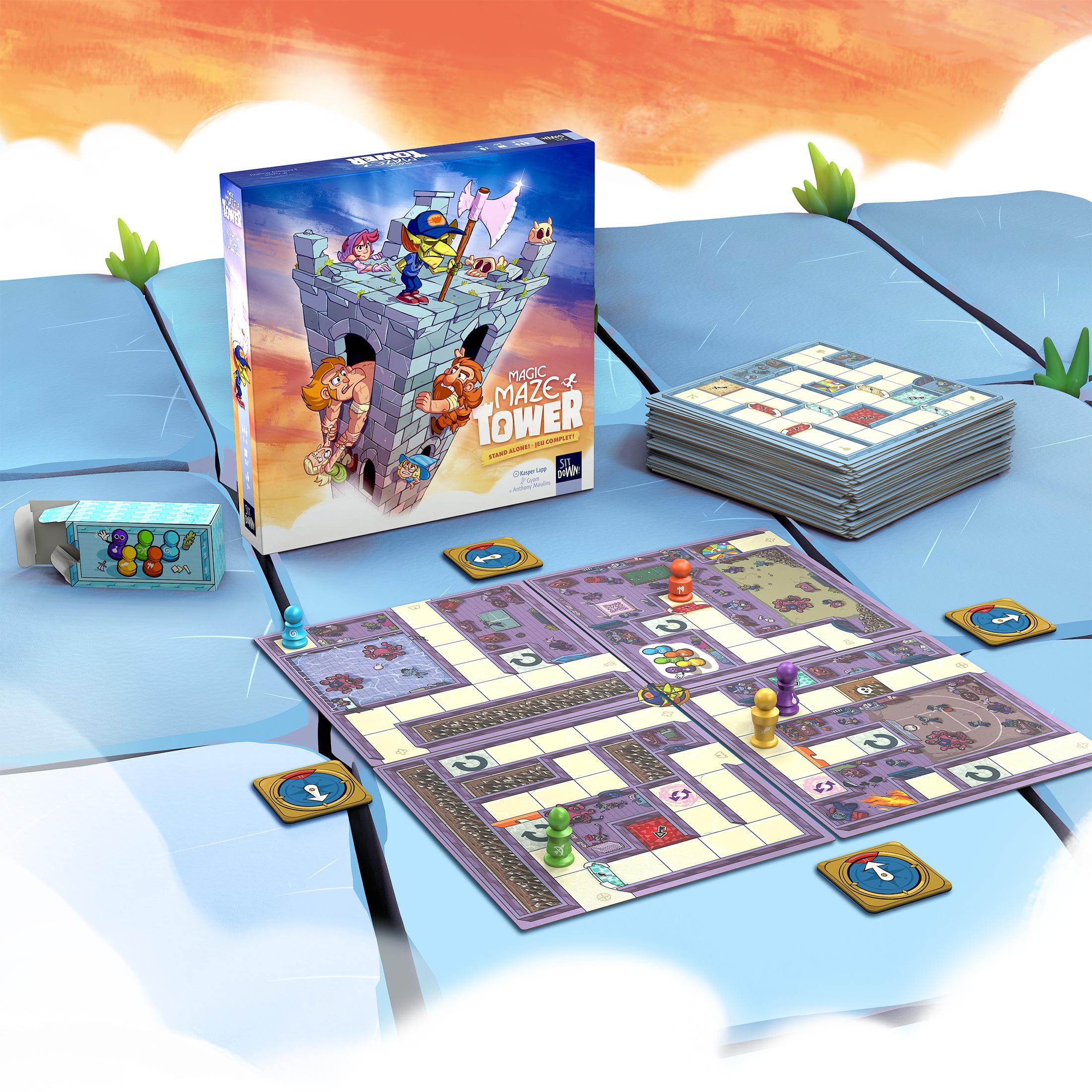 Three overlapping maze boards with colored pawns placed on different paths, showing a modular game layout.