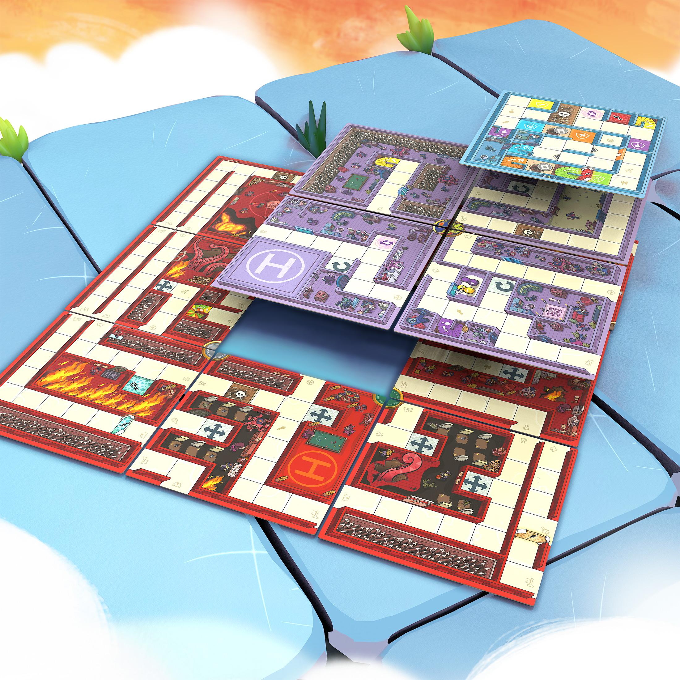 Stacked maze boards forming a multi-level structure with different colored areas and paths.