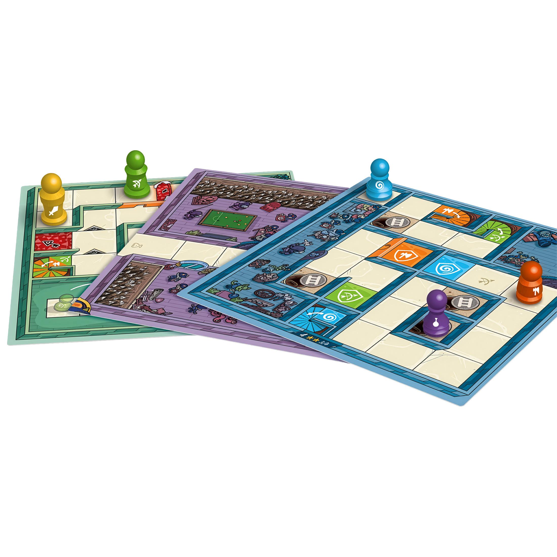 Boards, pawns, and tiles on the table.