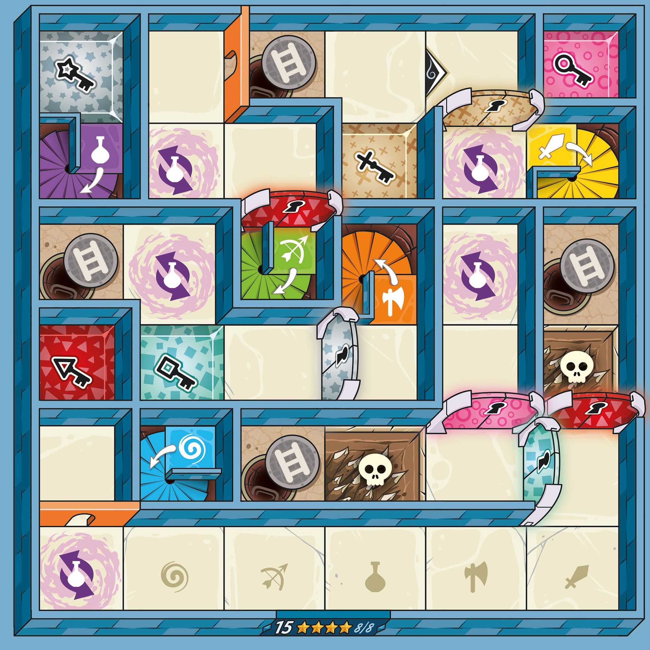 Top-down view of a maze board filled with symbols, traps, and rotating path elements.