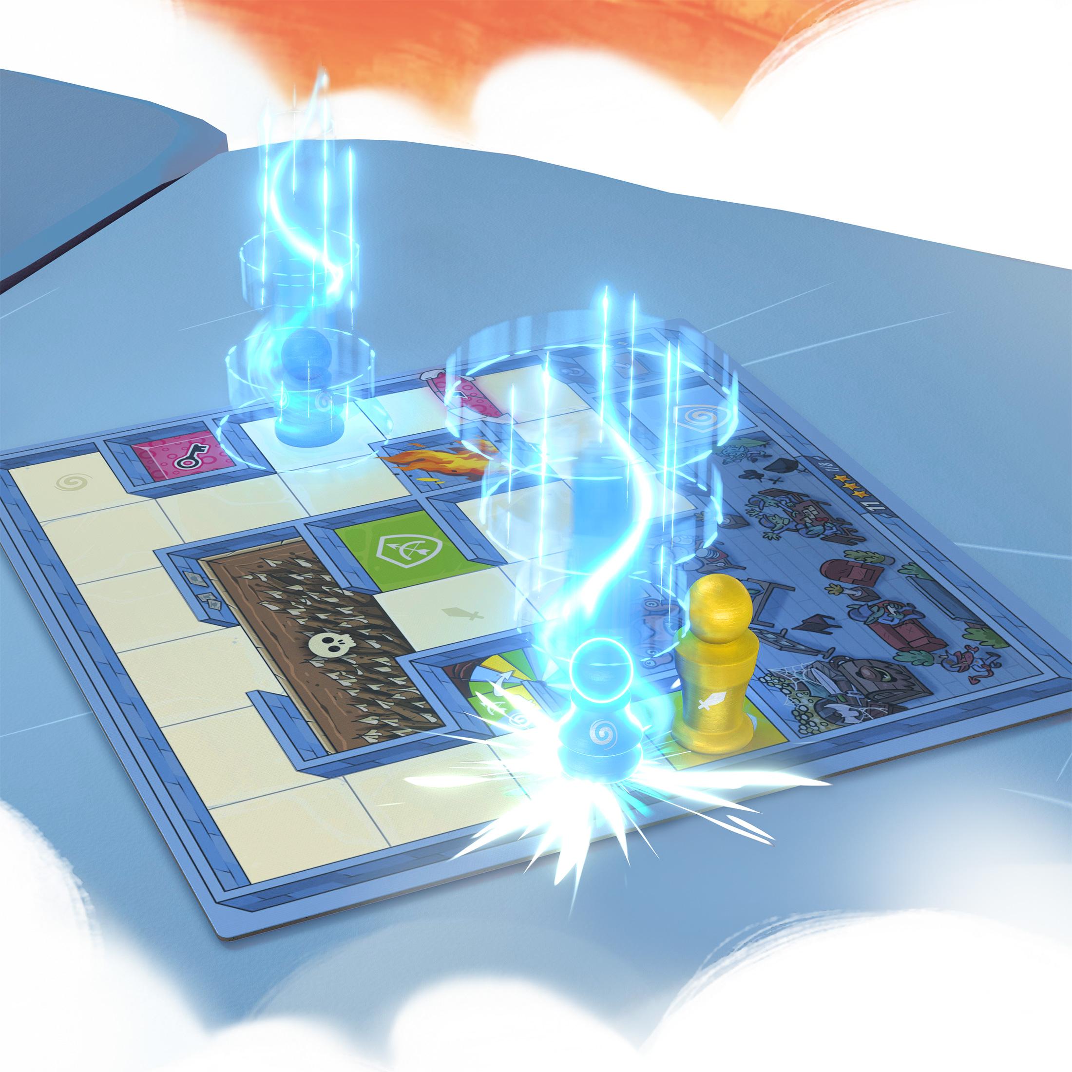 Two pawns on a maze board with glowing visual effects showing a special action or power.