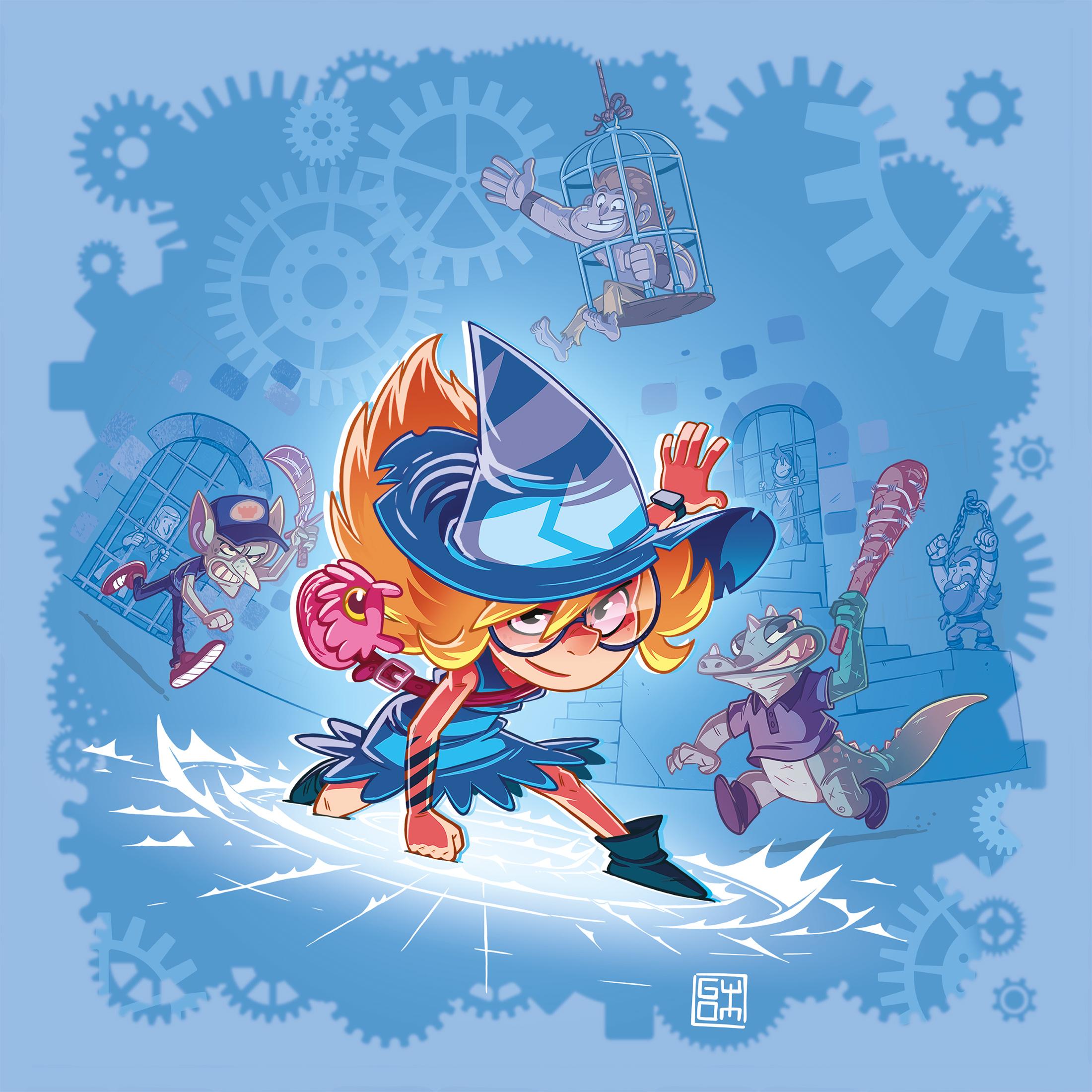 Illustration of the blue Little Sister character escaping while other heroes and enemies appear in the background.