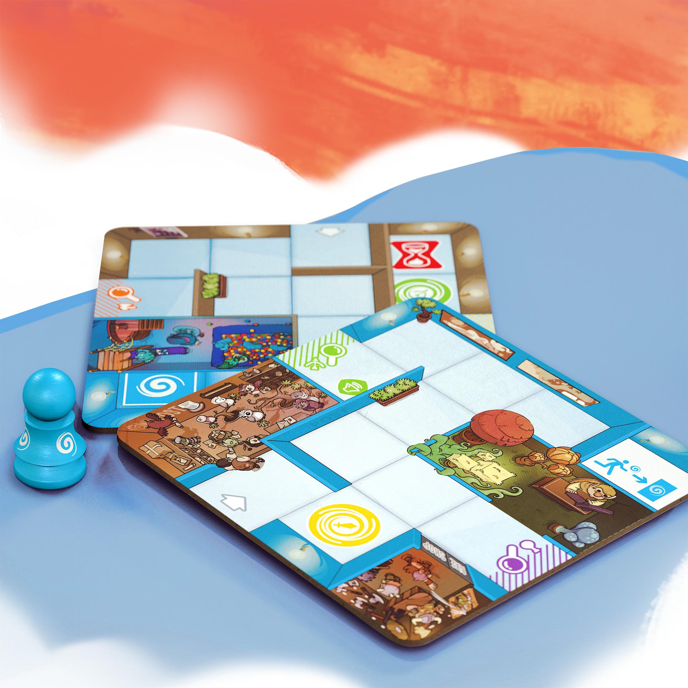 Two bonus maze tiles for Magic Maze shown with the blue Little Sister pawn next to them.