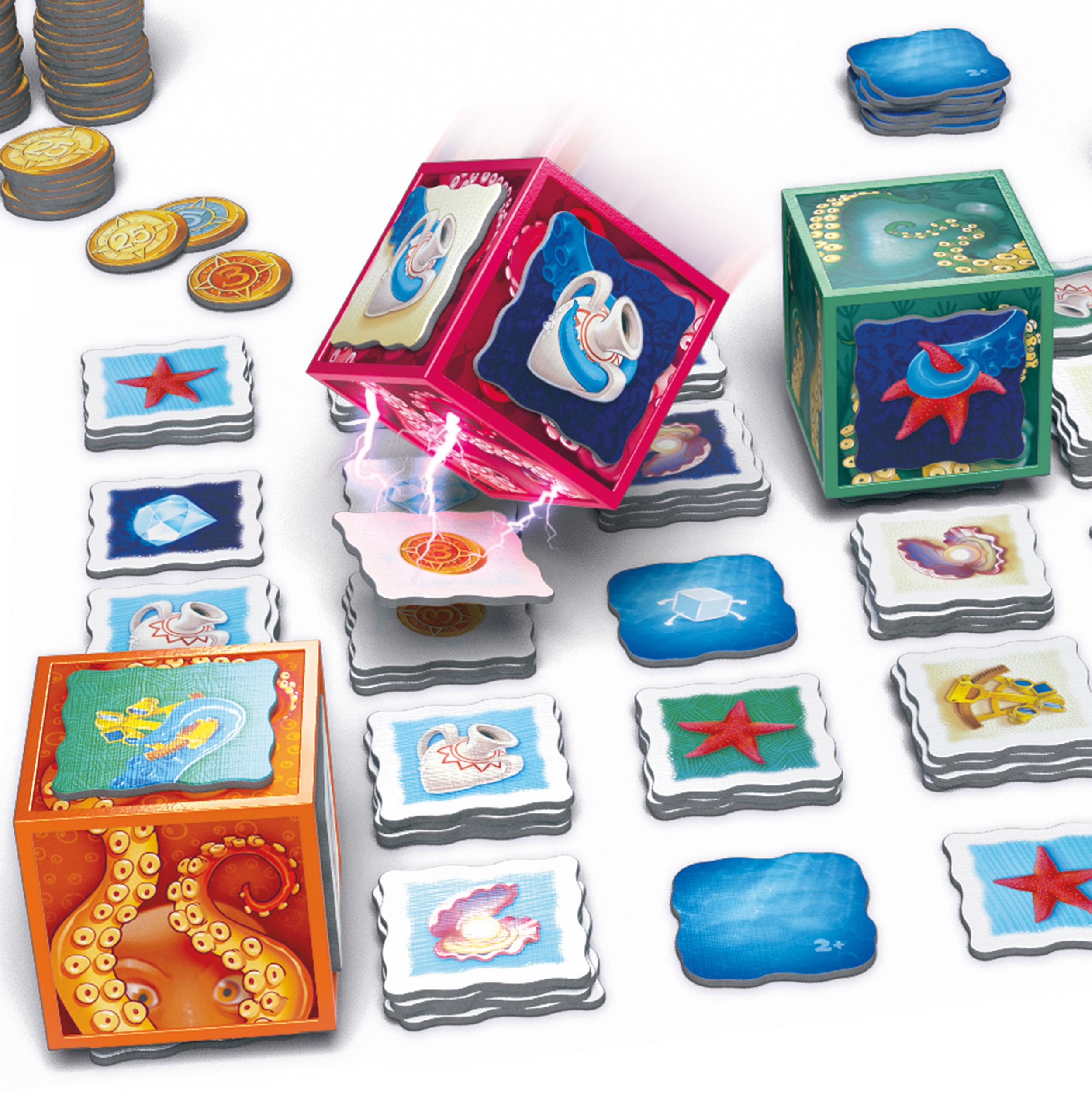 An octopus cube rolling across stacks of tiles and picking up a tile, showing the magnet effect during play.