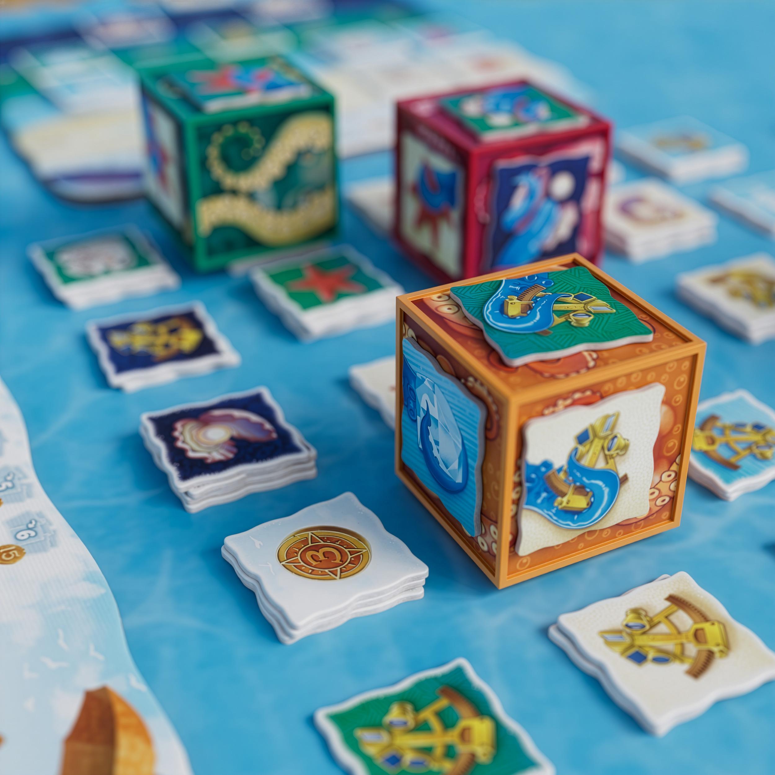 An Octopus cube in the play area with several tiles attached to its faces, surrounded by stacks of object and coin tiles.