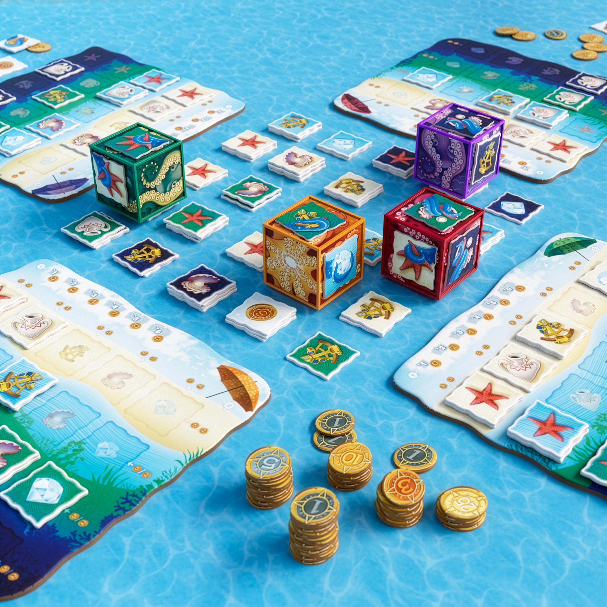 A game in progress with four Octopus cubes in the play area, surrounded by player boards, tiles, and coin stacks.
