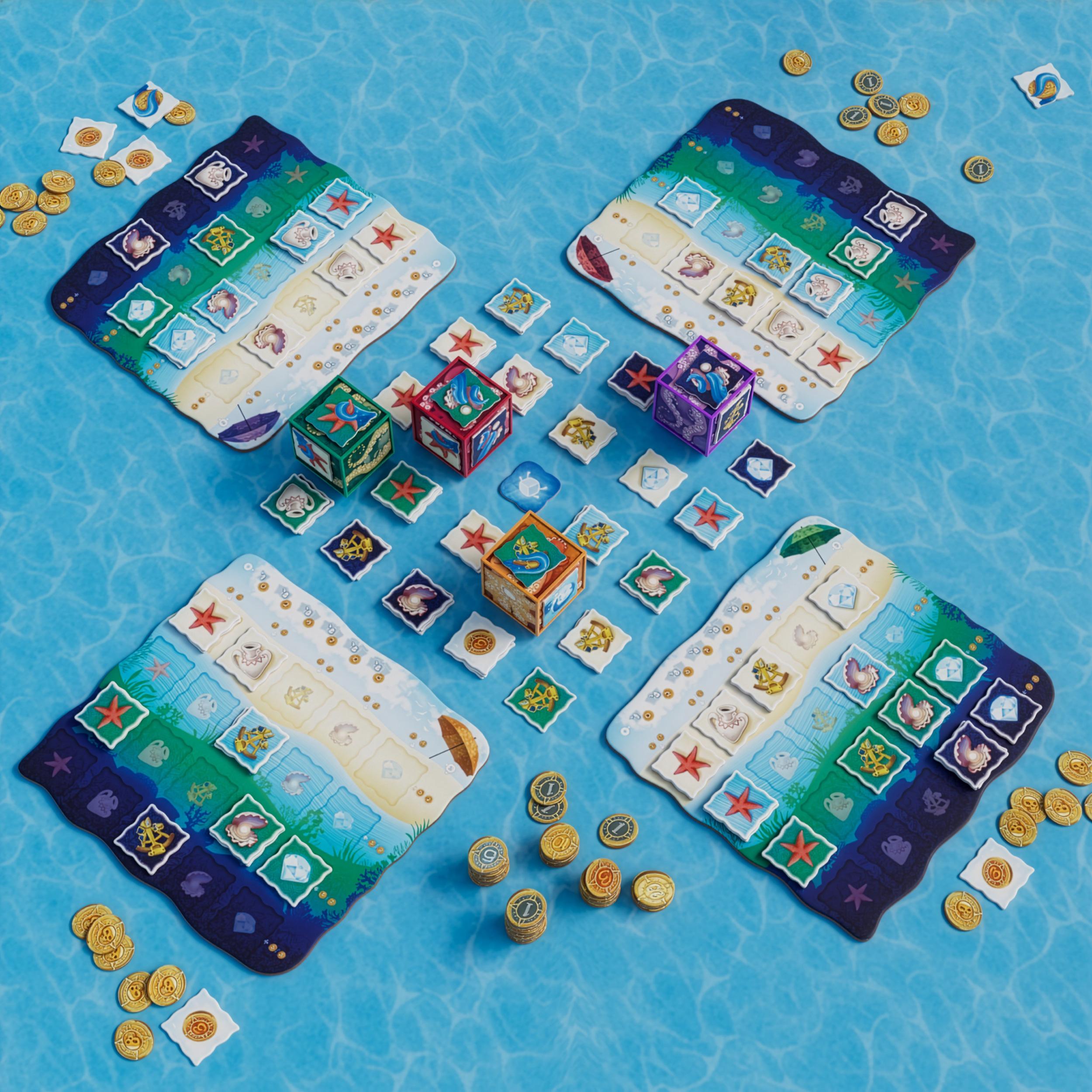 Top-down view of a four-player game in progress with Octopus cubes, player boards, tiles, and coin stacks arranged around the table.