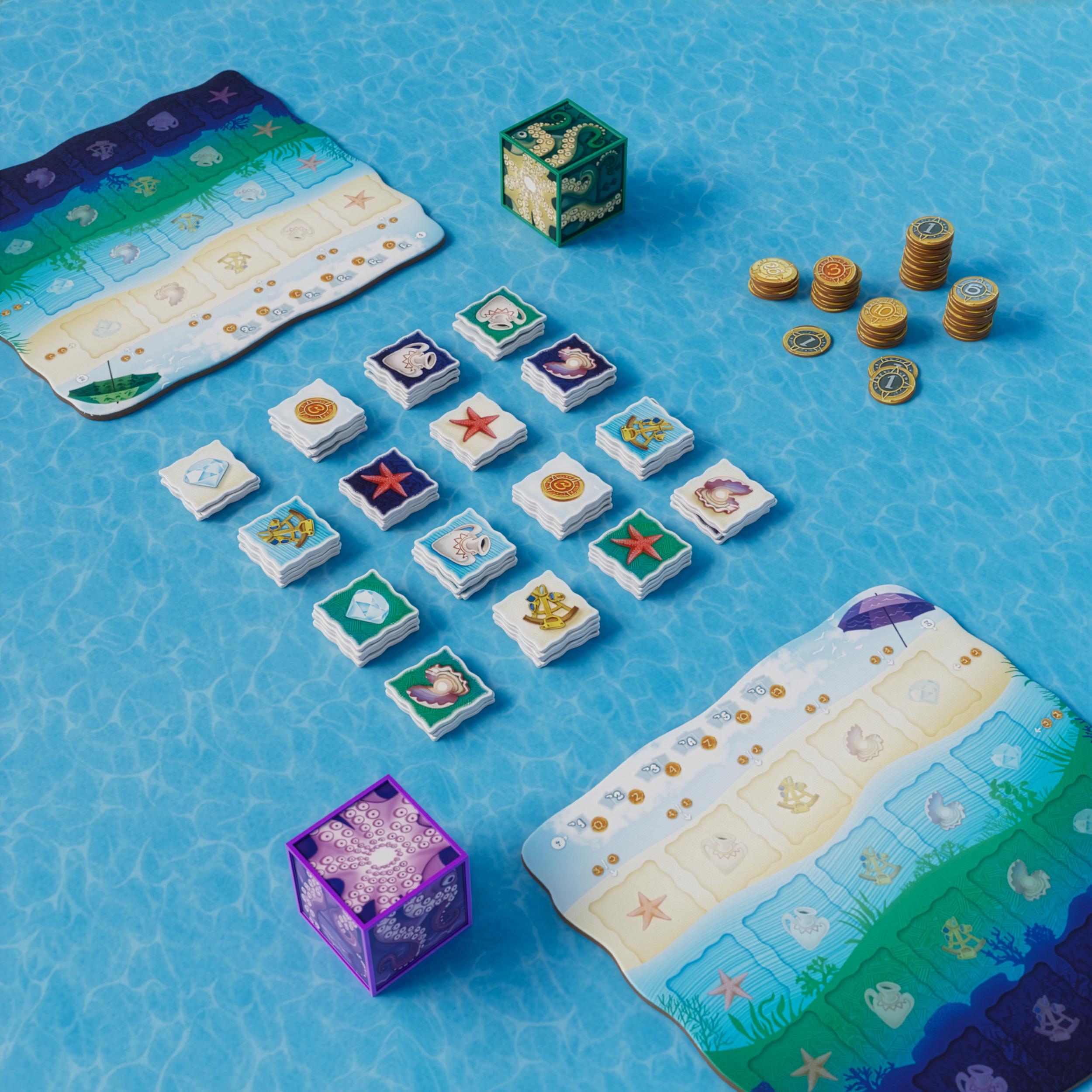 Two-player game setup with Octopus cubes, stacks of object and coin tiles, and player boards placed on the table.
