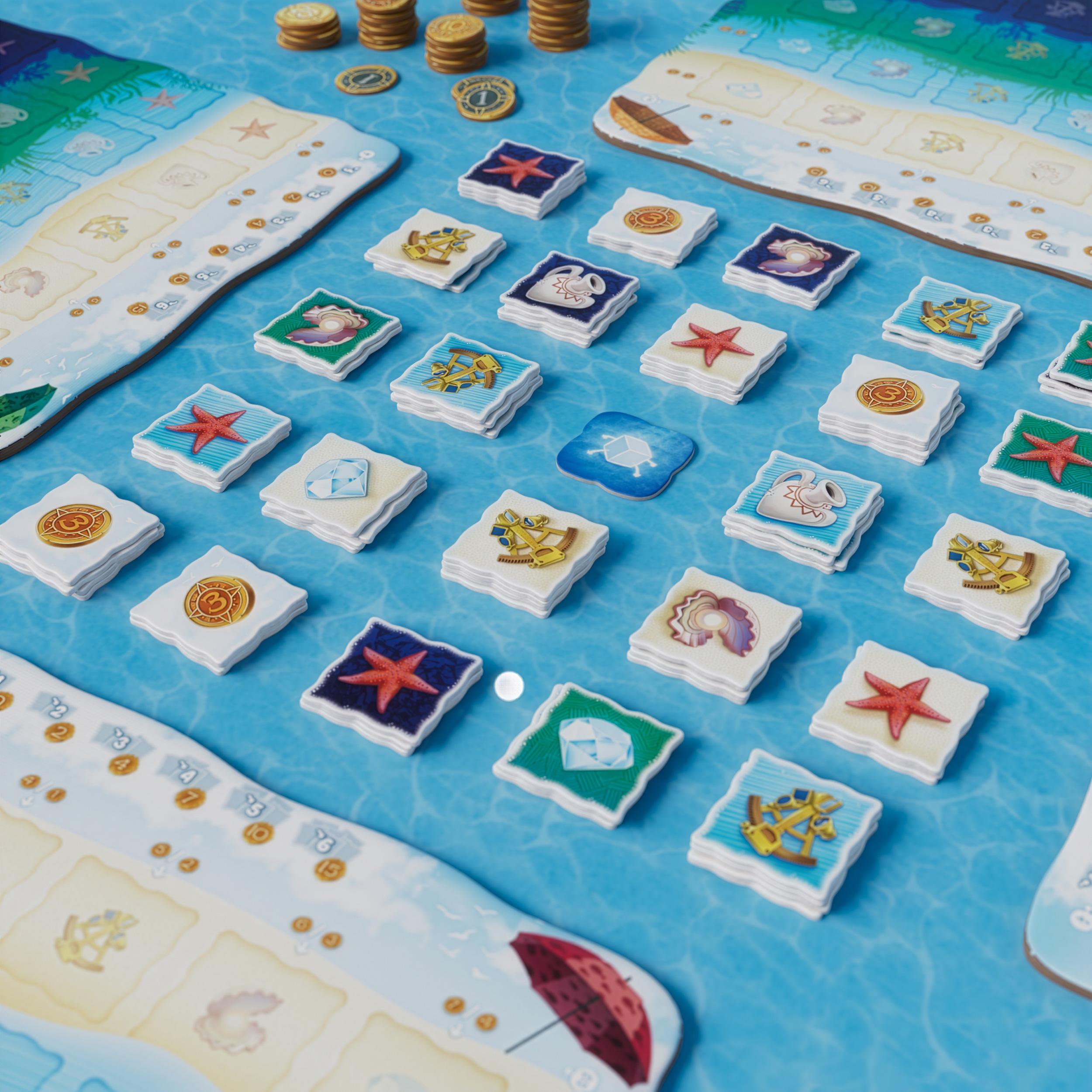 Close-up view of the central play area with neatly arranged stacks of object tiles, coin tiles, and player boards around them.