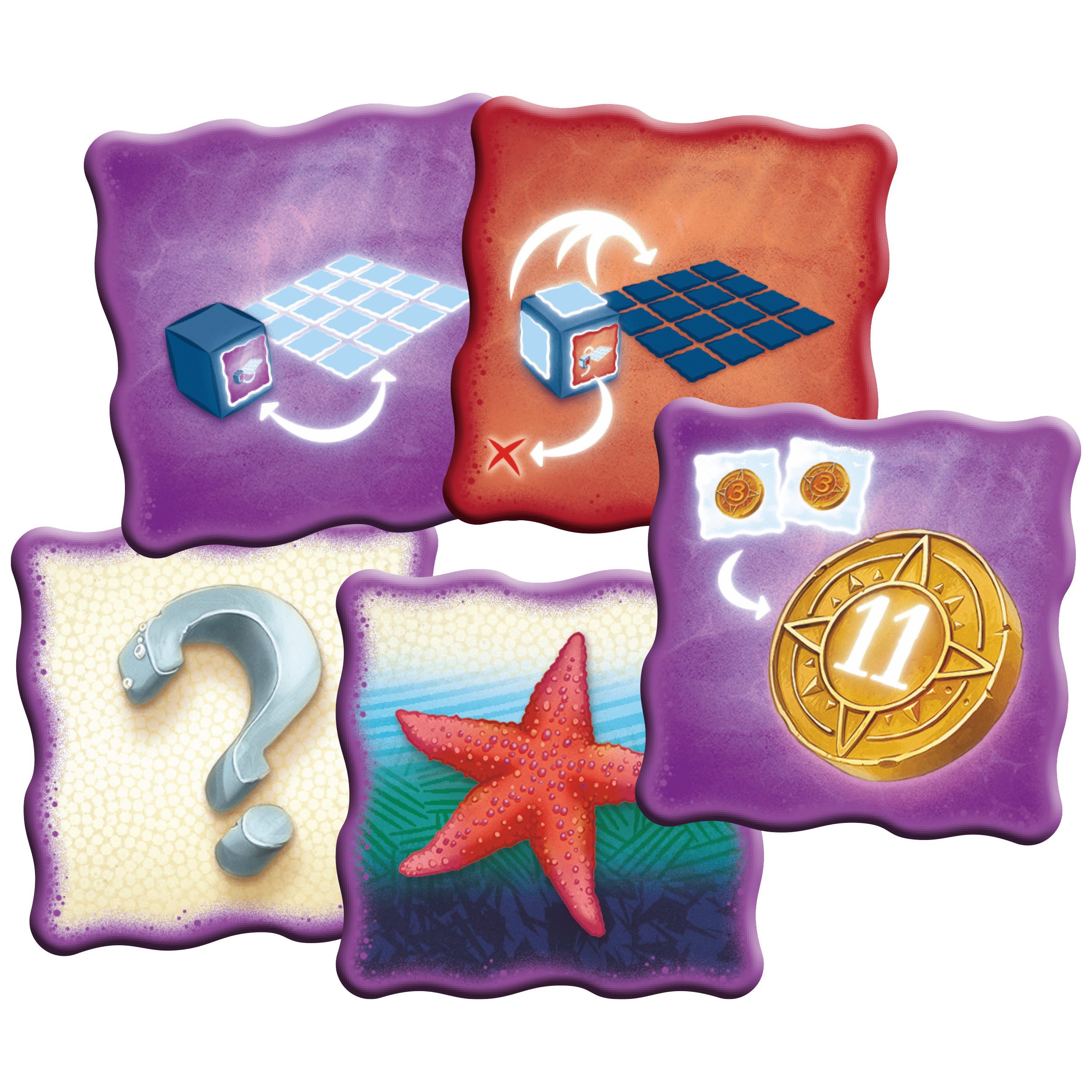 Illustration showing special promo tiles with unique effects, including wild tiles, bonus coins, and surprise effects.