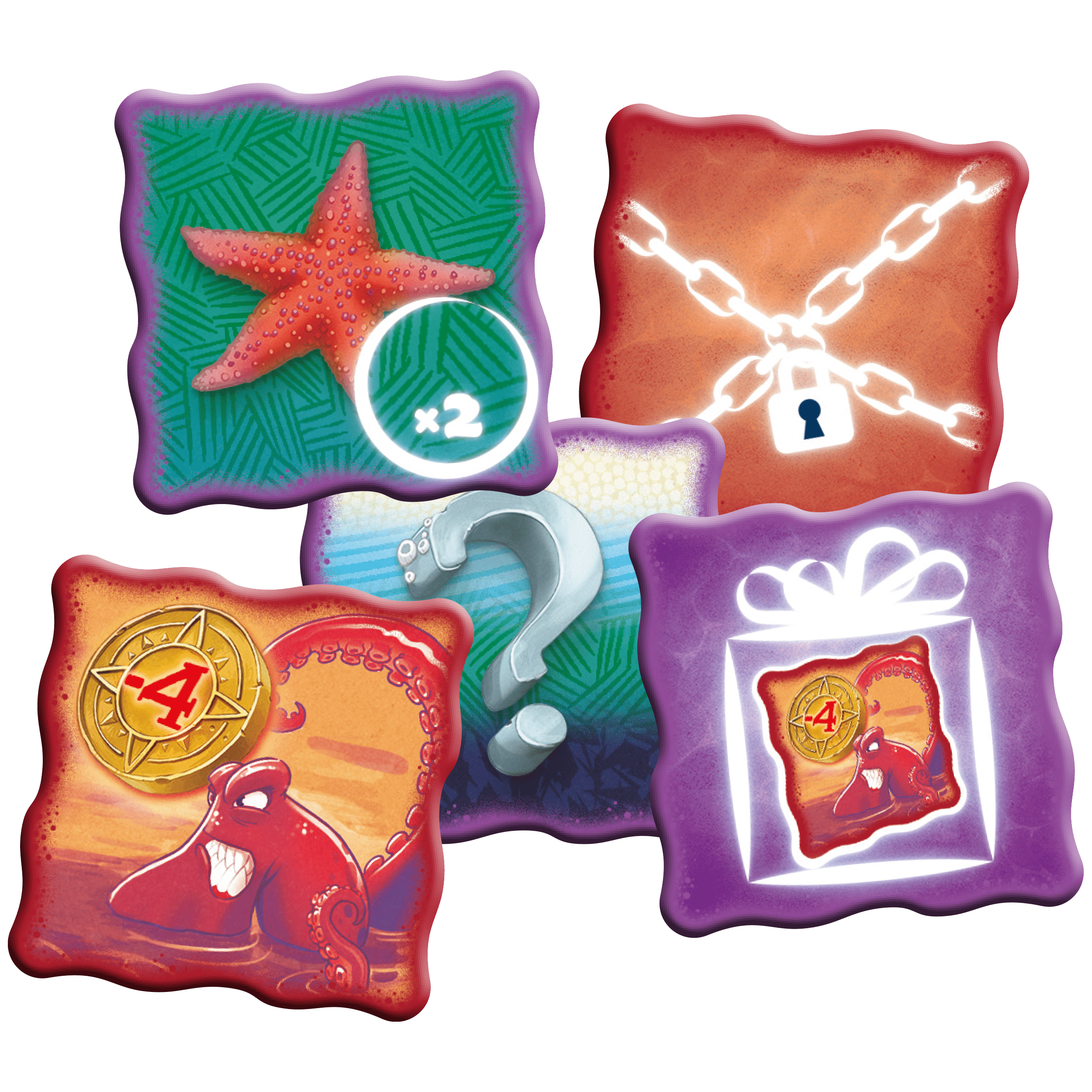 Promotional tiles showing special effects like wild bonuses, locked faces, curses, and enhanced scoring options.