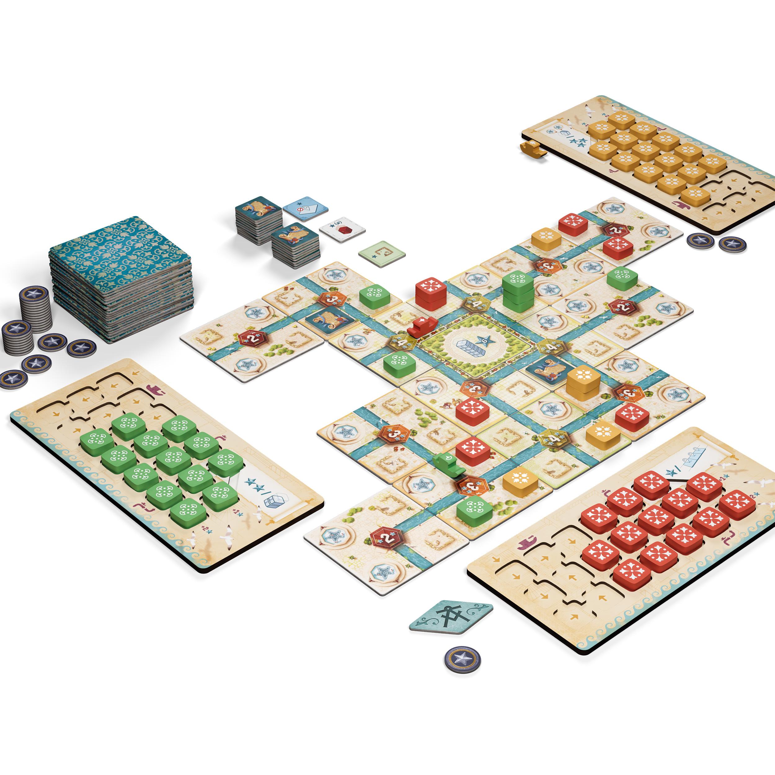 Game in progress showing the central city of tiles, player boards, floor tokens, and boats placed around the table.
