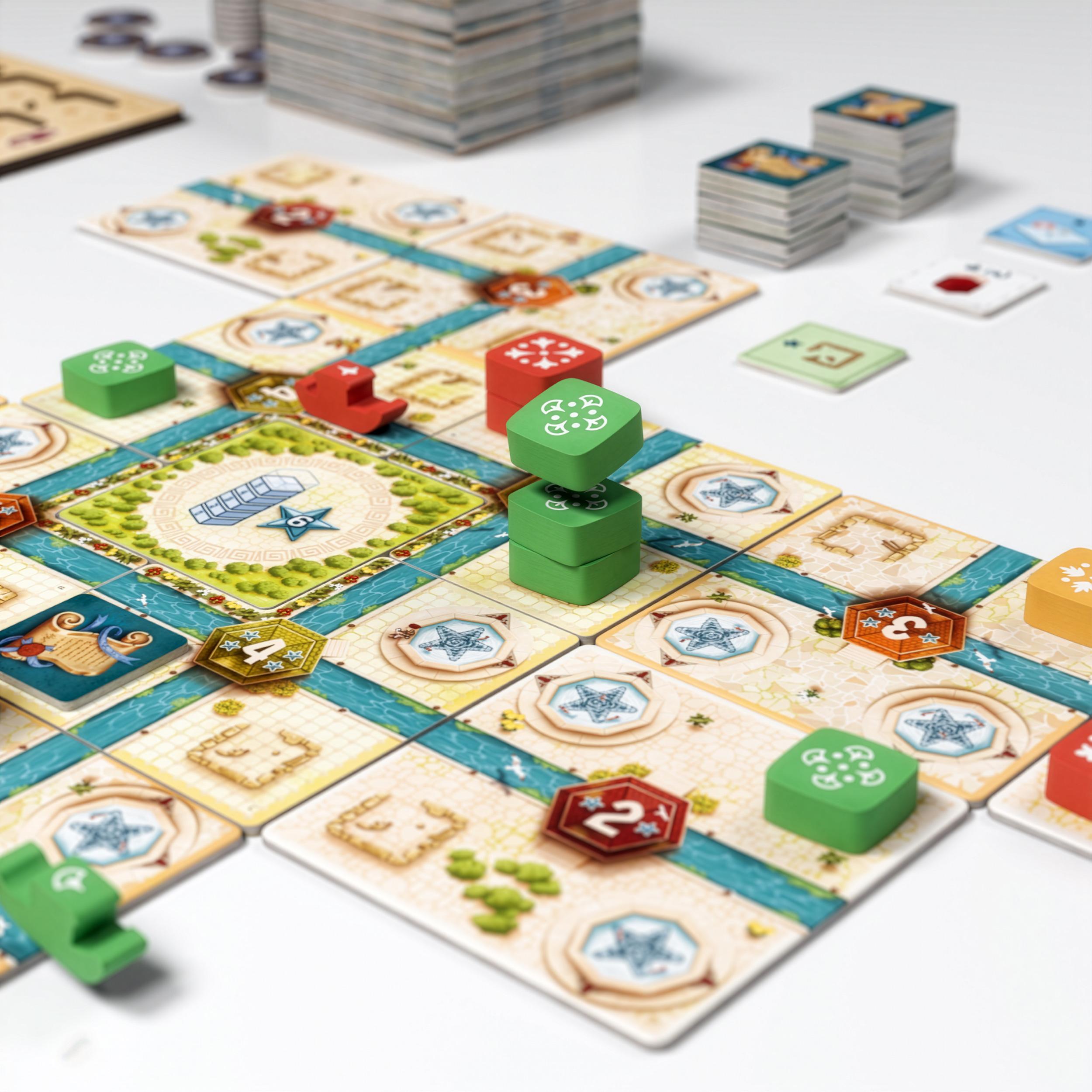 Detailed view of a Tolleno game showing stacked player tokens, city tiles with canals, and scoring markers.