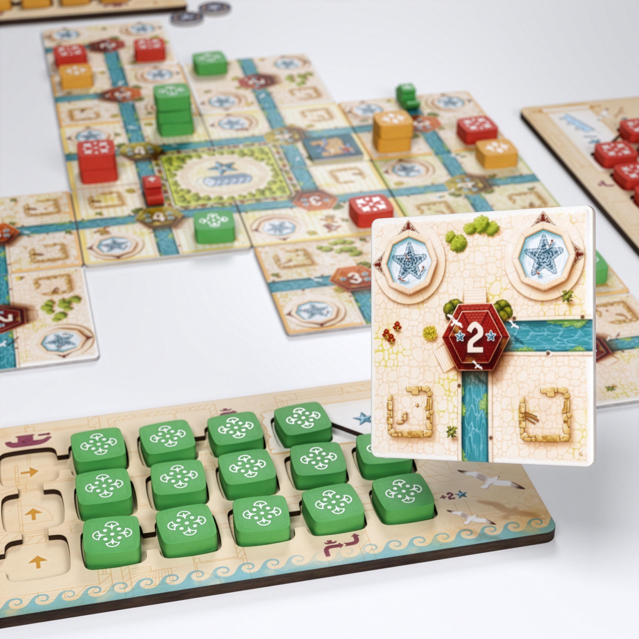 Tolleno game showing a player board with green floor tokens and a highlighted city tile with a value marker.