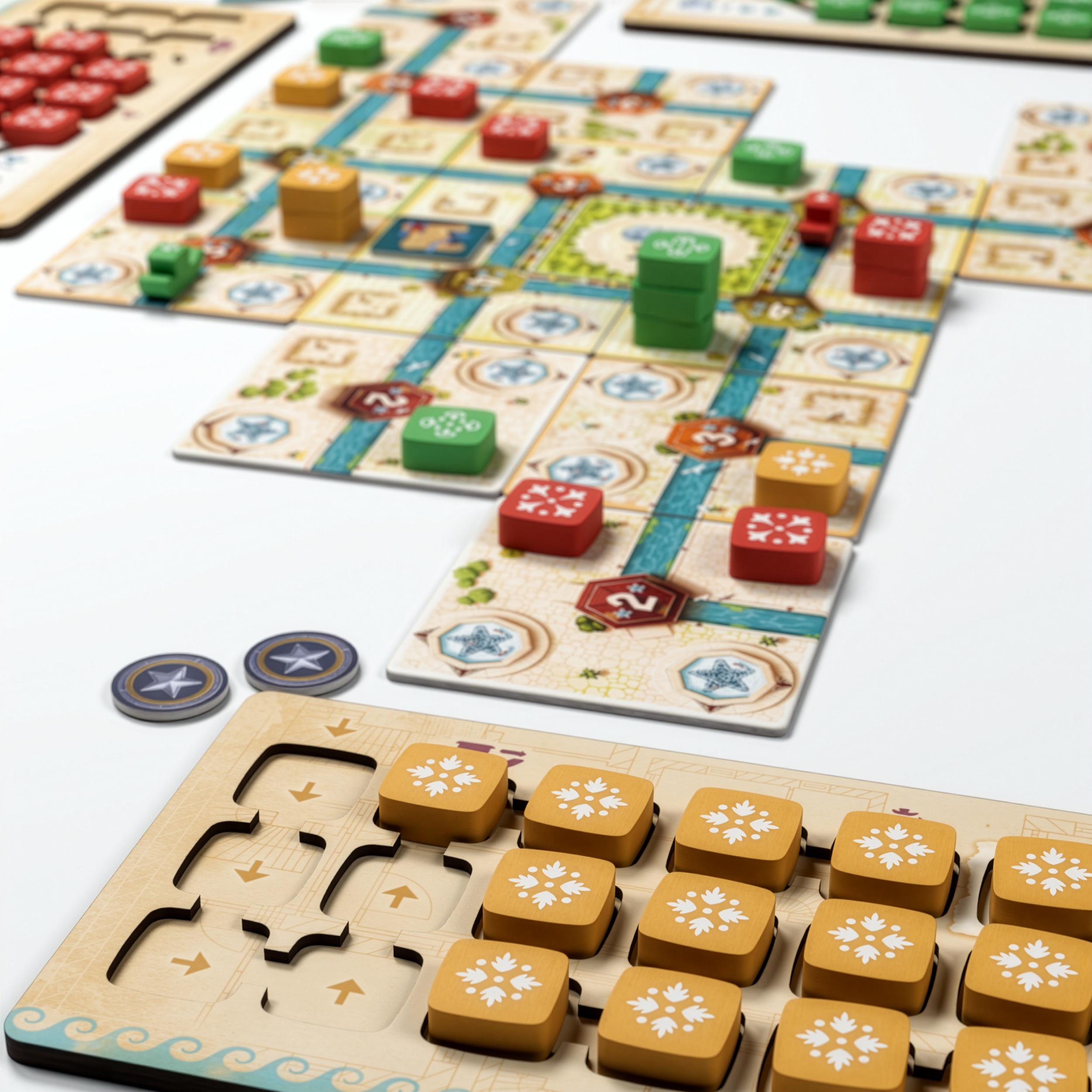 Tolleno game in progress showing city tiles, stacked floor tokens, and a player board with yellow pieces.