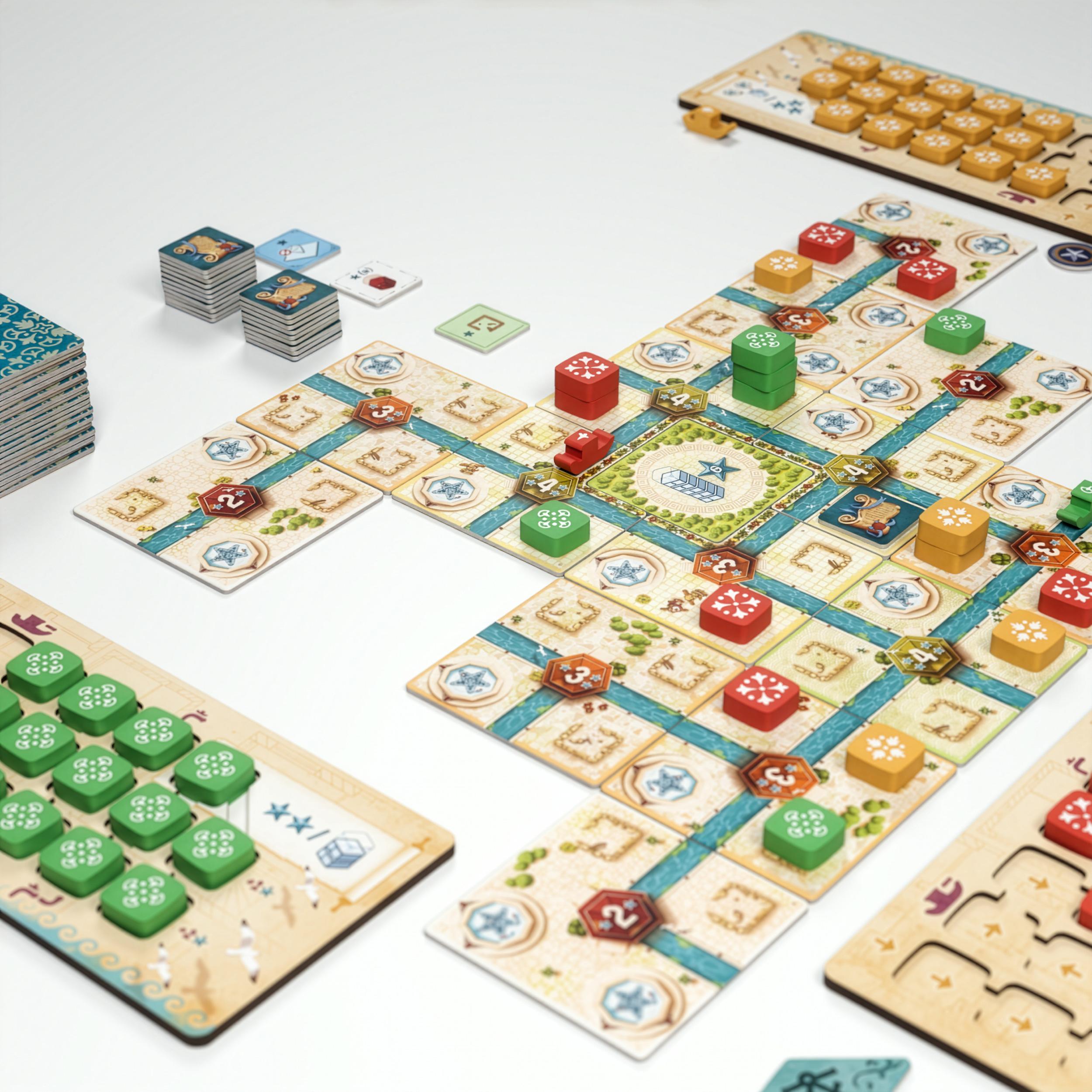 Wide view of a Tolleno game in progress, showing the city layout, player boards, and stacks of tiles and tokens.