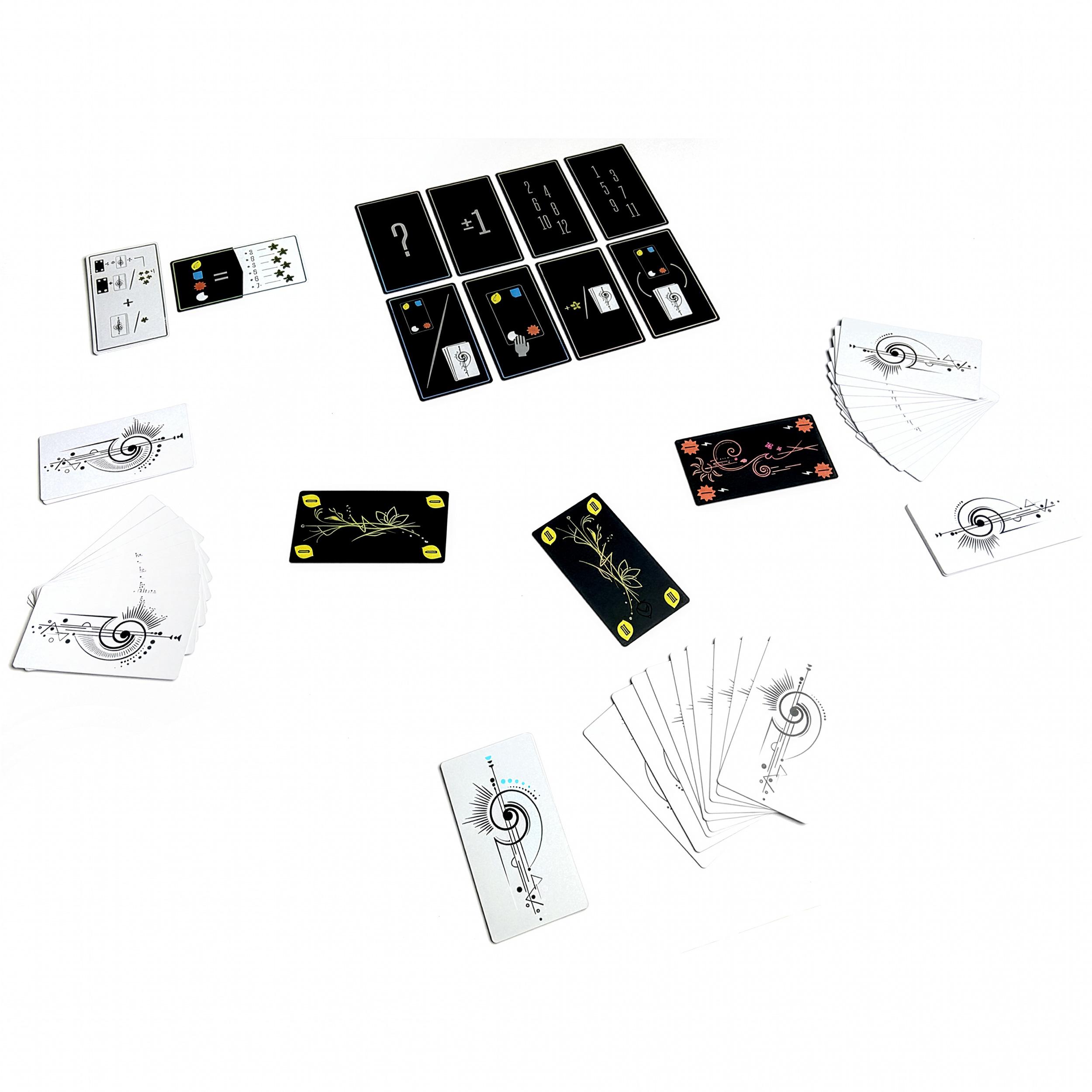 Overview of a game in progress with several card decks, face-up cards, and scoring elements arranged on the table.