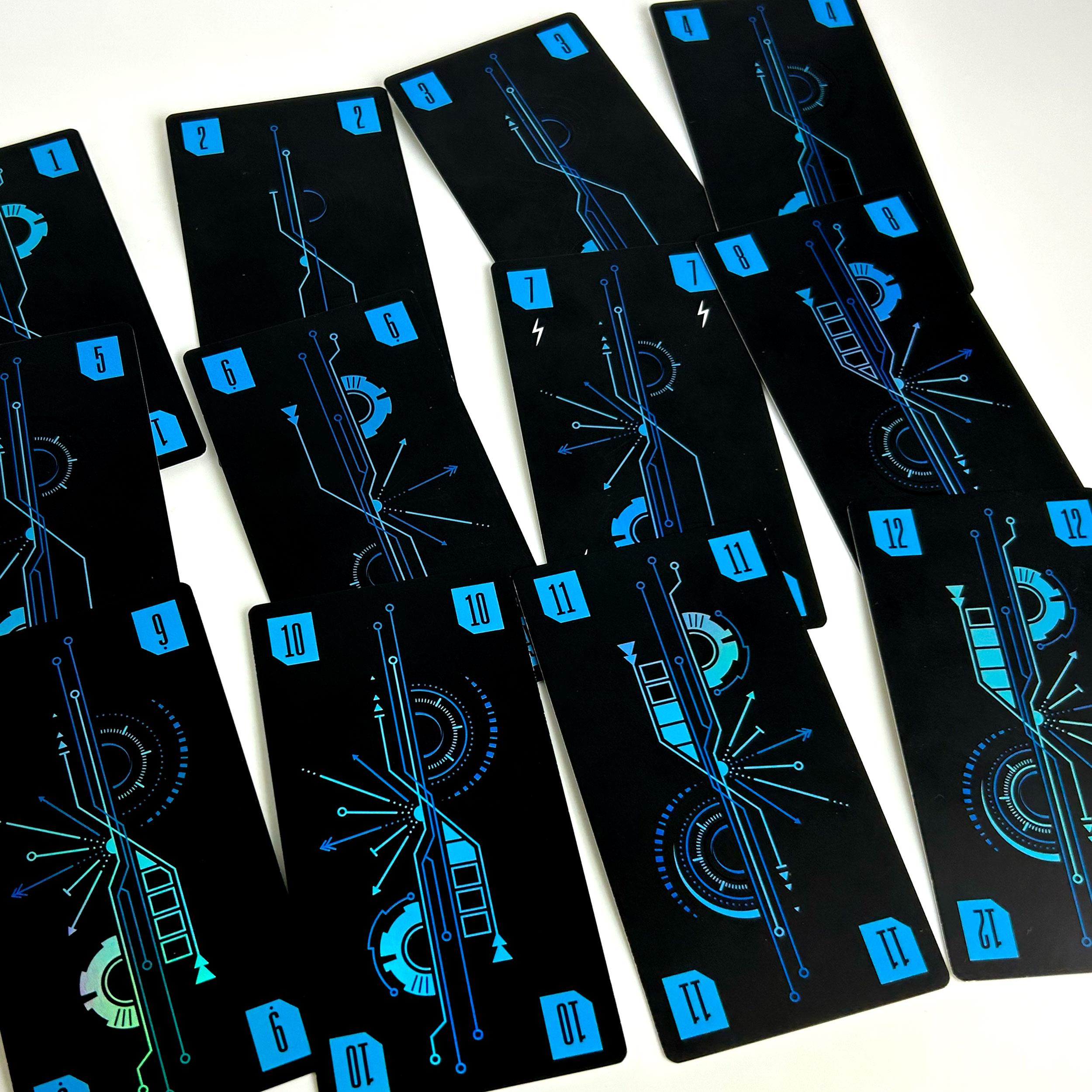 Blue suit number cards laid out, showing values from 1 to 12 with a consistent color and graphic design.