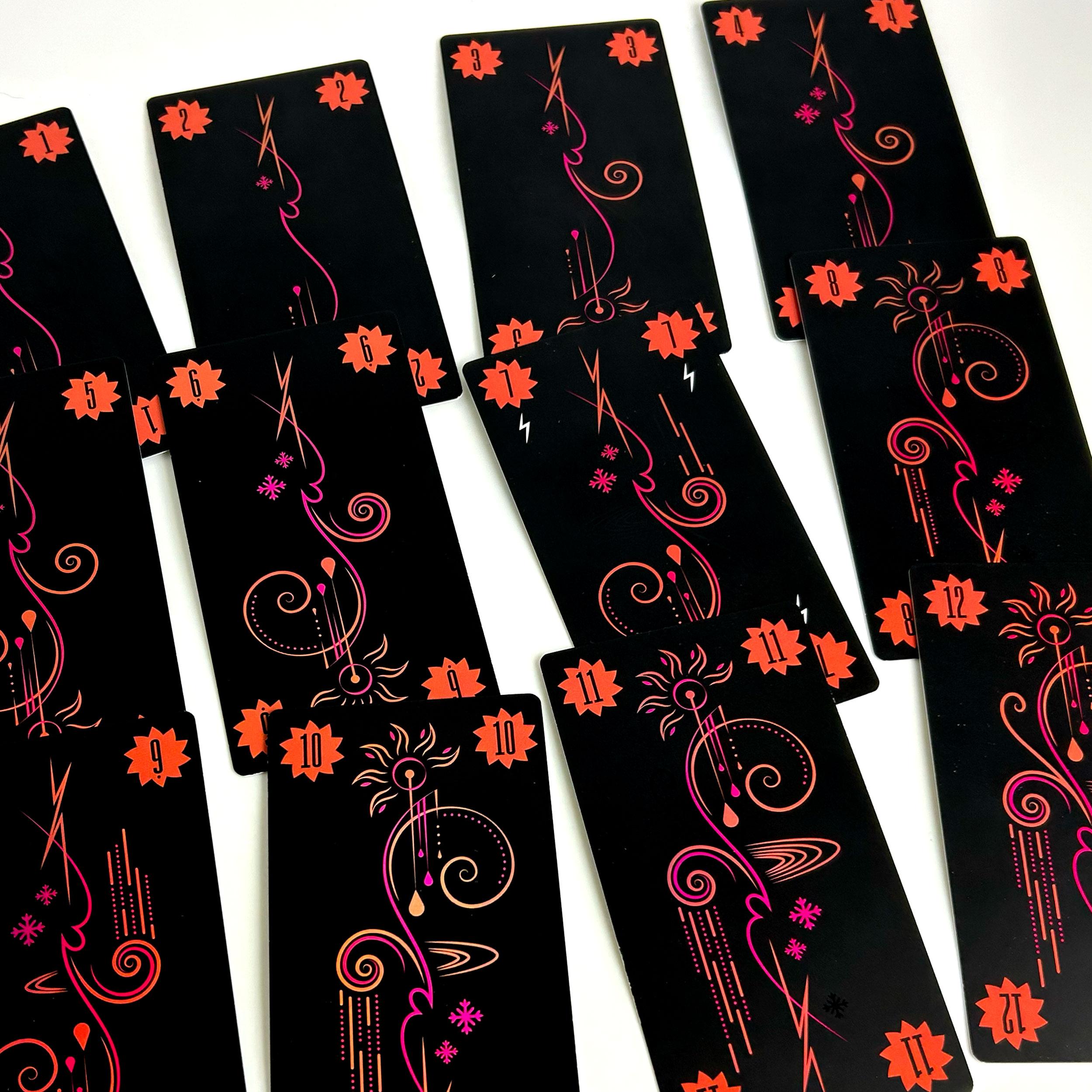 Red suit number cards laid out, showing values from 1 to 12 with a consistent color and decorative design.