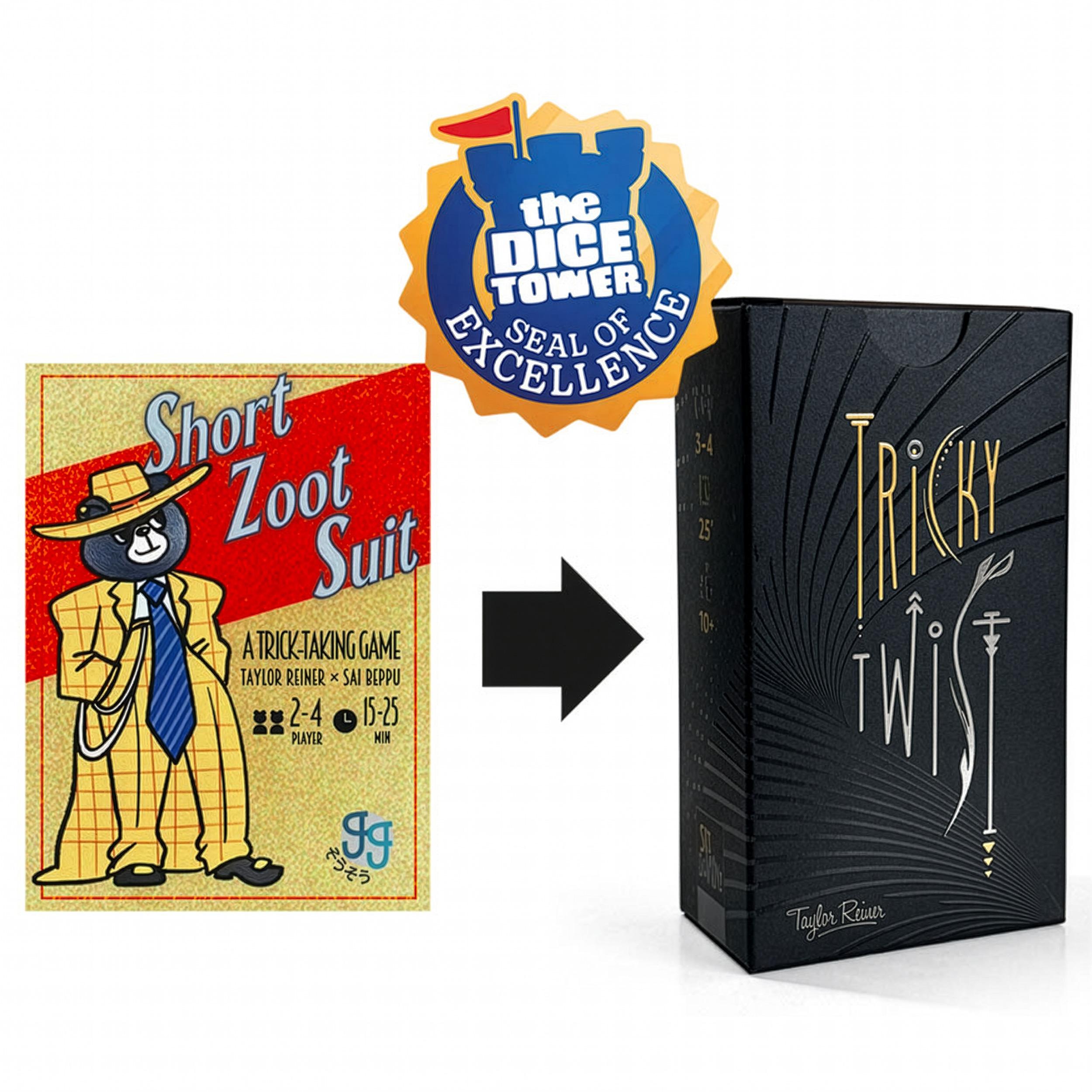 Comparison showing the original Short Zoot Suit box and the redesigned Tricky Twist box with an award badge.