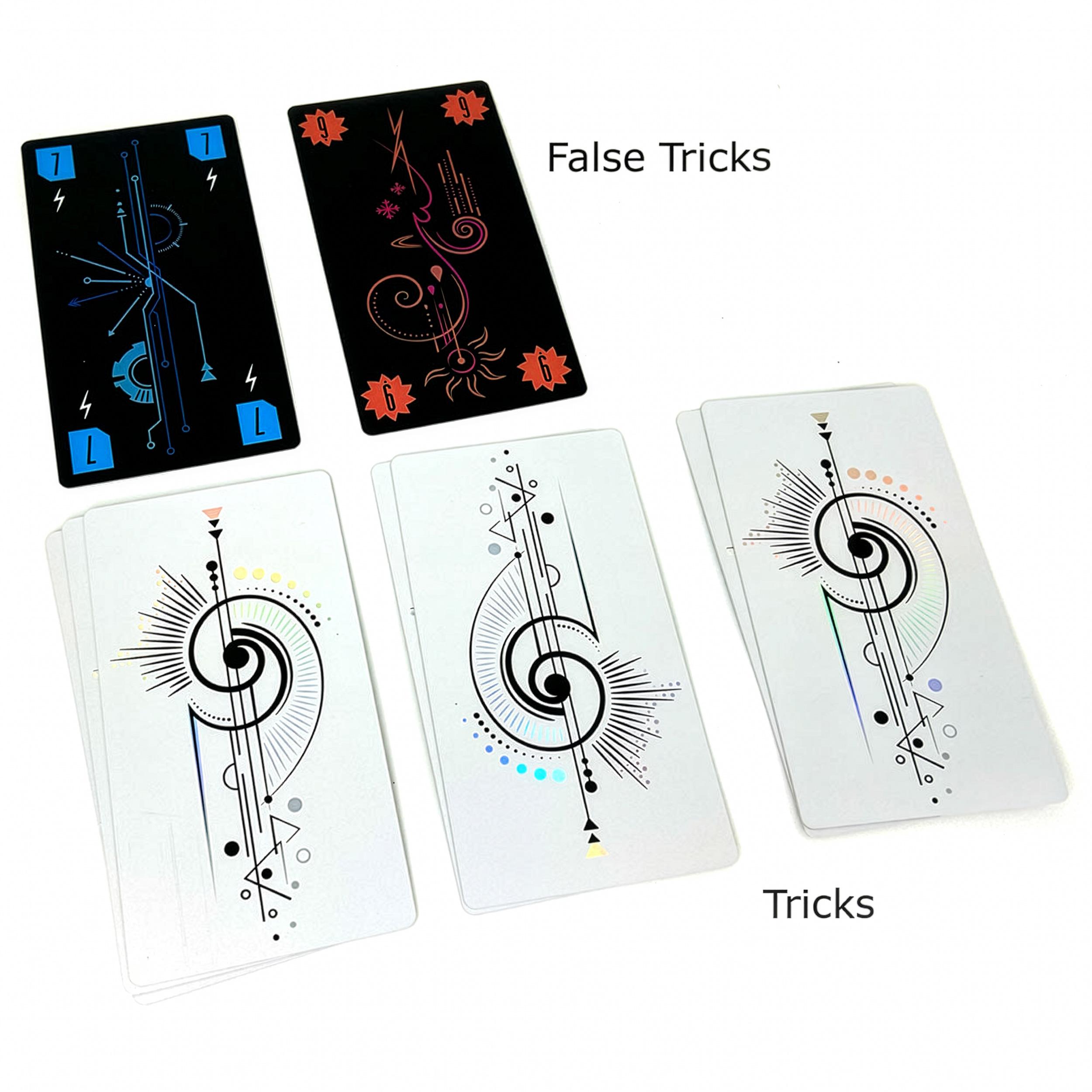 Example showing the difference between tricks and false tricks, with face-down tricks and face-up retrieved cards.