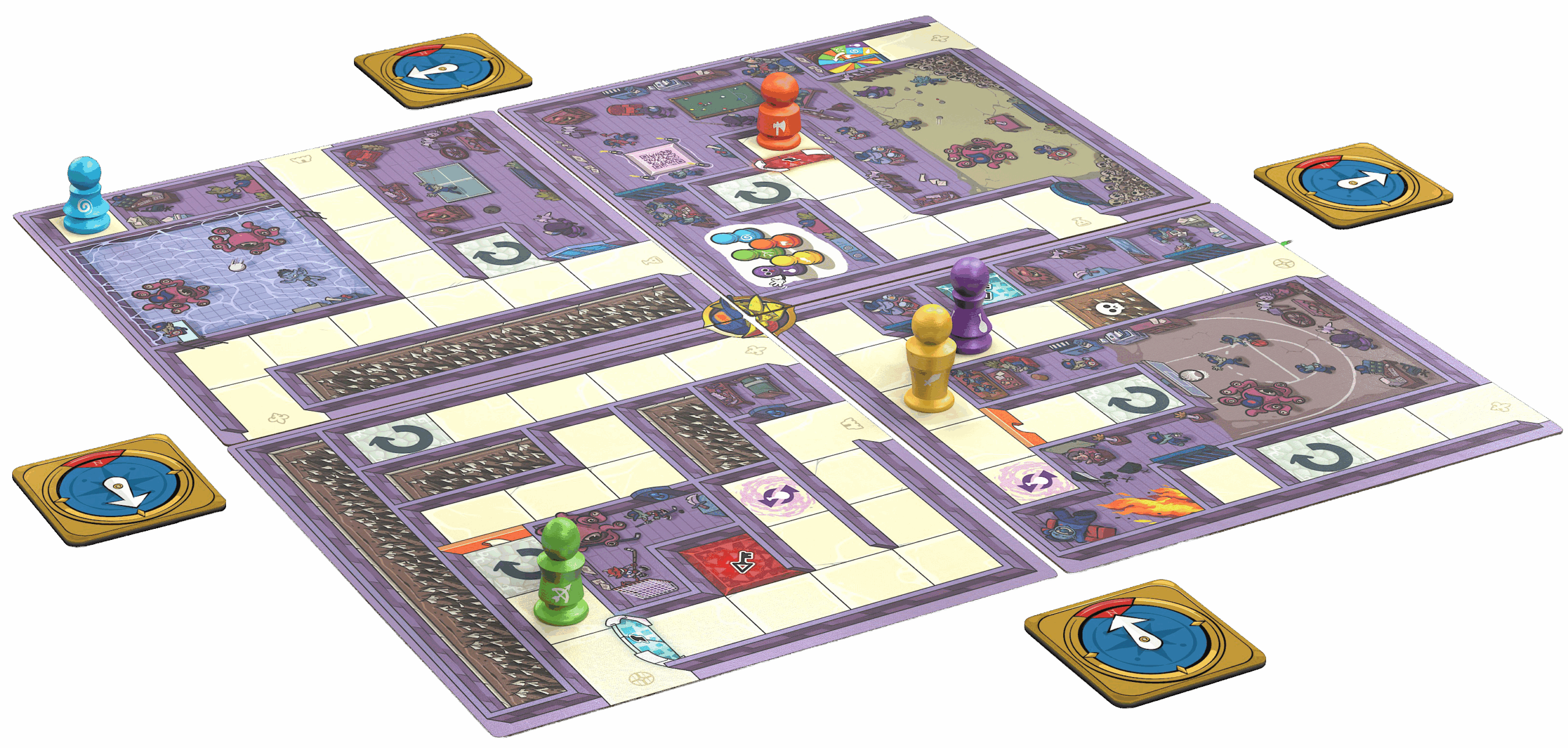 Magic Maze Tower – Revealed purple tower board Purple tower board revealed after flipping four base tiles, with hero pawns placed on it.