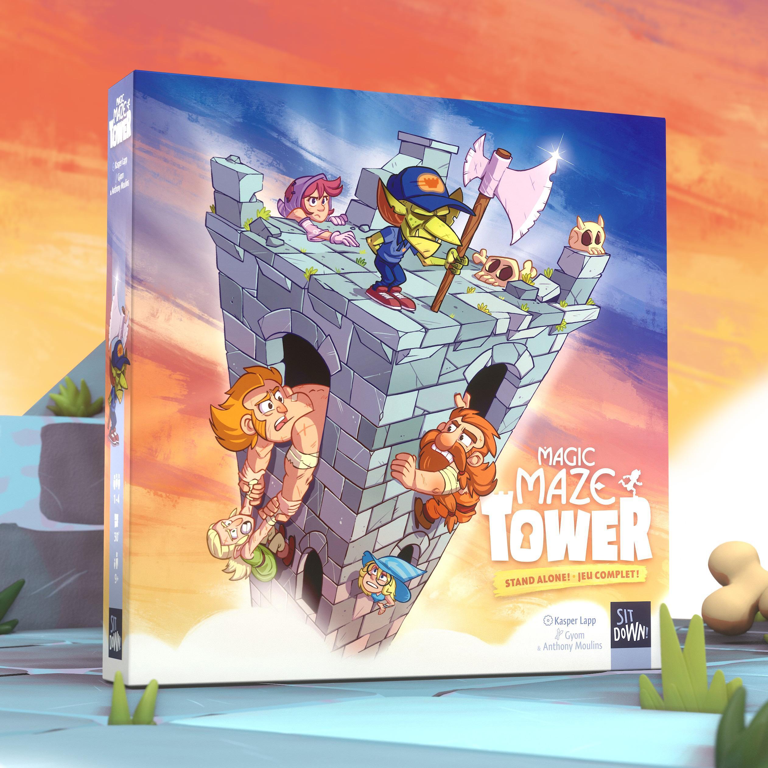 Magic Maze Tower – Box cover Box cover of Magic Maze Tower showing heroes escaping from a tall prison tower.”