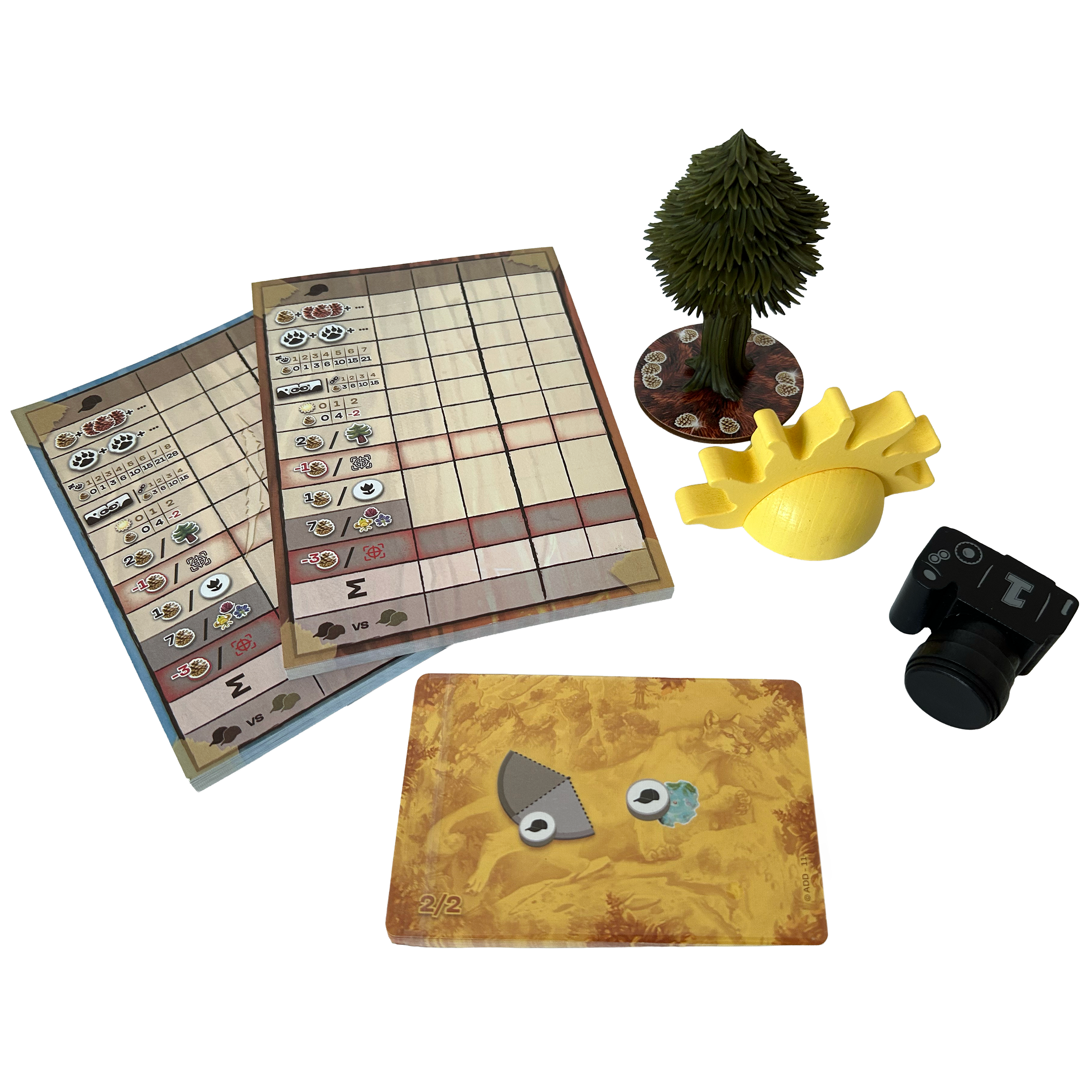 Game components including score pads, tree model, wooden tokens and cards used in a nature photography board game.