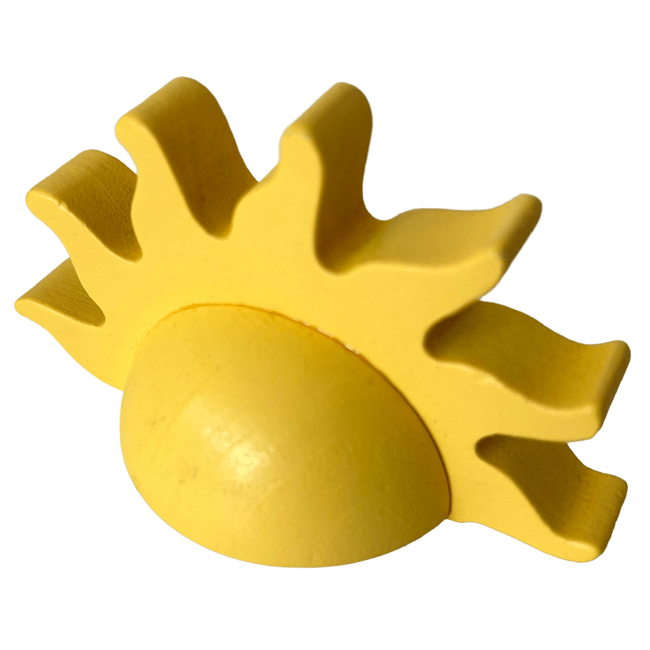 Wooden sun-shaped token used to track light direction or time in the Redwood board game.